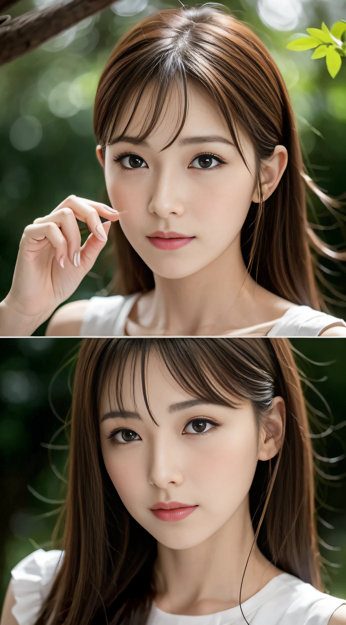 1womanl, up of face, mideum breasts, light brown hair, Blunt bangs, hair behind ear, hair over shoulder, Long hair, slender body shape, Ultra Fine Face, Thin face, Delicate lips, Beautiful eyes, thin blush, eyes are light brown, perfect glossy skin, flawless skin, Glistening sweat,View here, Ultra-thin hands, Ultra-fine fingers, best ratio four finger and one thumb, (realisitic:1.3), Finger Extensions, See-through white blouse. coniferous forest, One-person viewpoint, Fuji Film, F/1.2, 8K, masutepiece, nffsw, Super Detail, High quality, Best Quality, hight resolution,abdominals,six packs,