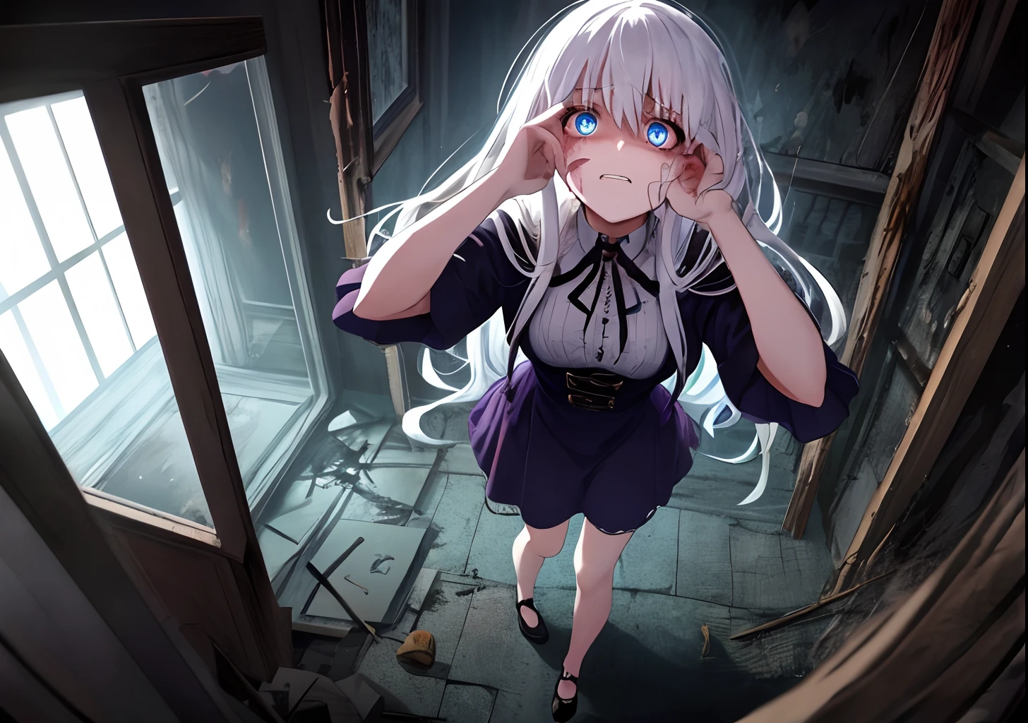1girll, White hair, Blue eyes, Hold your head,Dark purple dress,(cowboy_Shot:1.2), Face focus, Long hair, side locks, Scared,(terrified:1.5) ,, Atmospheric lighting, Moody, Darkness, In an abandoned old museum, Clear glass display case full of interesting items, Dusty, Post-apocalypse, spiderwebs, masterful, Beautiful 8k wallpaper, Extremely detailed, Intricate,dim murky lights,tmasterpiece, Best quality at best, looking at viewert, face to the viewer, Bare legs, 1girll, 独奏, The upper part of the body,, Disgusting face, during night, blood stain, Dark Alley, Blood splattered on the ground, Red bright light, glowing light eyes, depth of fields