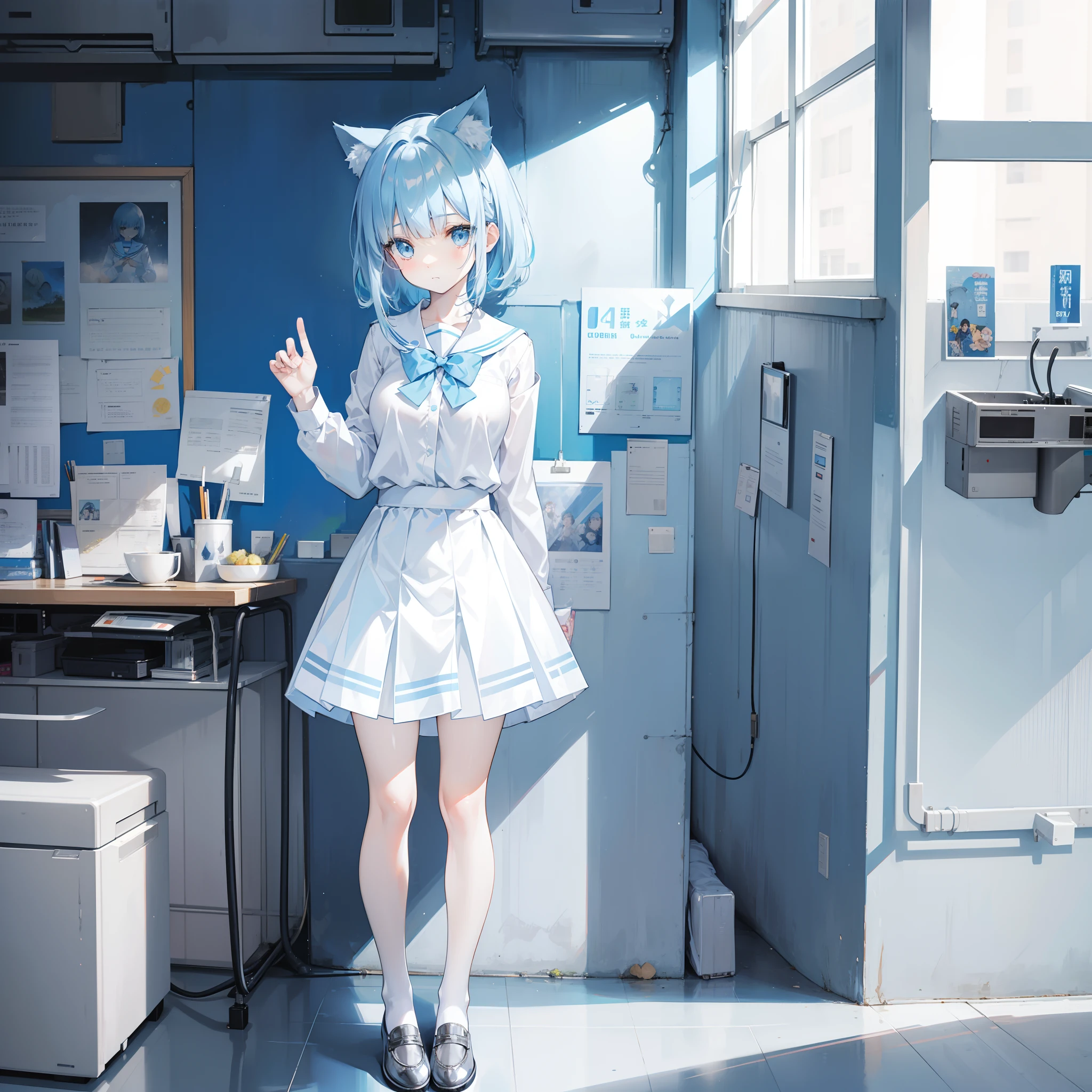 Long pale blue hair with a transparent texture，Light blue and white school uniform，A standard good-looking girl,  head tilt,  short skirt,  medium breast,  shy face,  cat pose