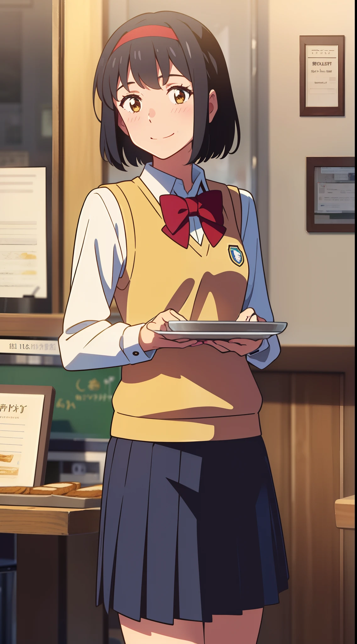 shinkai makoto, kimi no na wa., 1girl, 1boy, couple, bangs, black hair, blush, bow, brown eyes, collared shirt, headband, looking at the viewer, red bow, red headband, red ribbon, school uniform, shirt, short hair, smile, solo, sweater vest, vest, white shirt, yellow sweater vest, yellow vest, smile, happy, short skirt, long sleeves, puffy sleeves, red neckerchief, indoors, coffee shop, toast bread, cowboy shot, tray, tray in one hand, coffee, tea, clipboard, flower