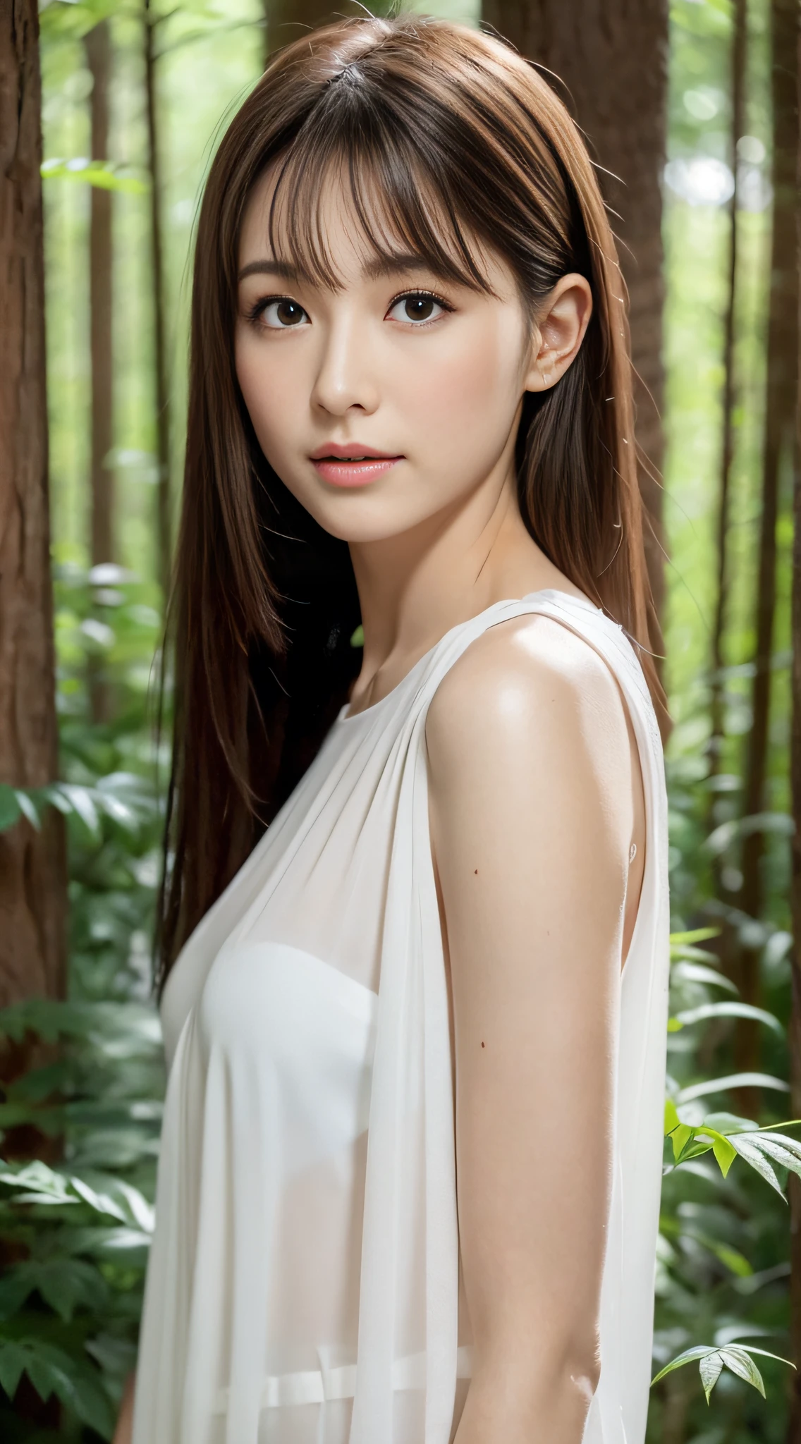 1womanl, up of face, mideum breasts, light brown hair, Blunt bangs, hair behind ear, hair over shoulder, Long hair, slender body shape, Ultra Fine Face, Thin face, Delicate lips, Beautiful eyes, thin blush, eyes are light brown, perfect glossy skin, flawless skin, Glistening sweat,View here, Ultra-thin hands, Ultra-fine fingers, best ratio four finger and one thumb, (realisitic:1.3), Finger Extensions, See-through white blouse. coniferous forest, One-person viewpoint, Fuji Film, F/1.2, 8K, masutepiece, nffsw, Super Detail, High quality, Best Quality, hight resolution,abdominals,six packs,