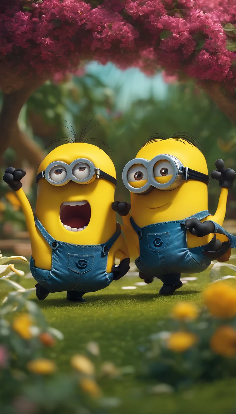 2 minions,dancing on the garden,minimalist colors,happy,playful,whimsical,soft lighting,high-res,4k,8k,best quality