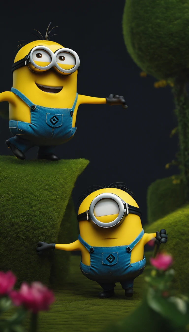 2 minions,dancing on the garden,minimalist colors,happy,playful,whimsical,soft lighting,high-res,4k,8k,best quality