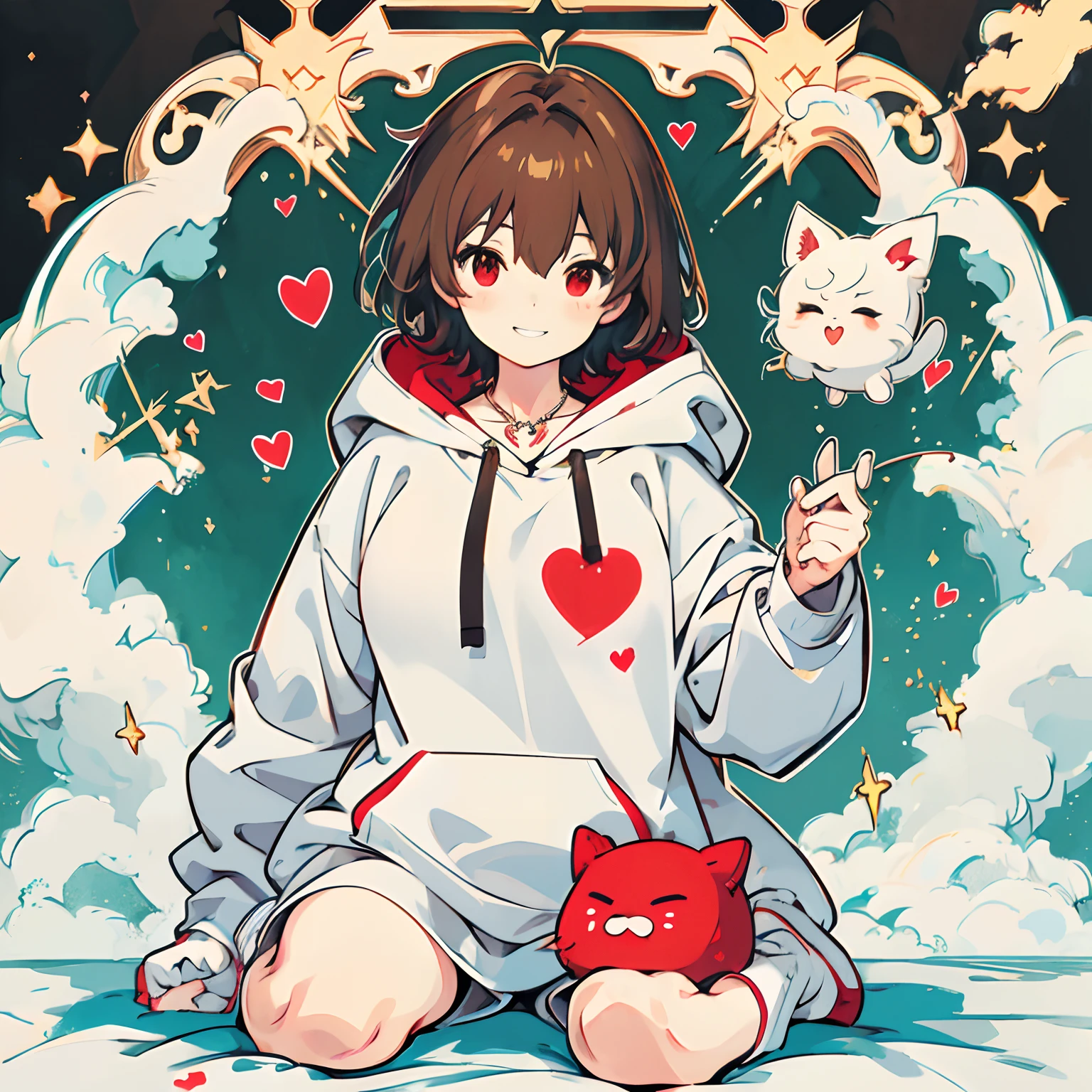 undertale，chara，solo person，shadowing，Grinning，red - eyed，Sick，morden，Cold-blooded killer，Green hoodie，exposing her chest，brown shorts，holding dagger，stocklings，Full body standing painting，with short brown hair，Be red in the face，Hand repair，the detail，k hd，Gold love heart necklace，Close to the original，illustration，CG，anime big breast，quadratic element（Optimal image quality，tmasterpiece，sexual appetite）