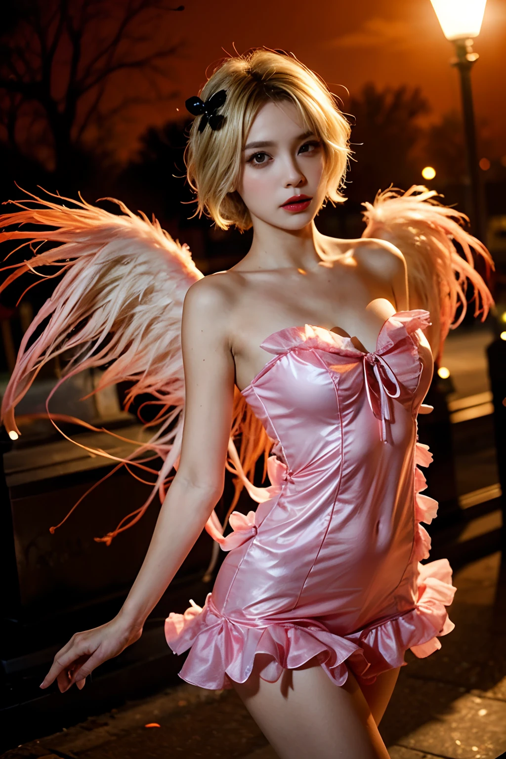 Girl in flamingo Halloween costume, with wide flamingos wings, blonde short hair Emo Pin up Girl, wide flamingo wings, halloween dress, Striking a pose, natural make up, skinny girl, innocent, night in a grave, blonde short hair, midshot, centered image, ultra detail, extremely face detail, extremely eye detail