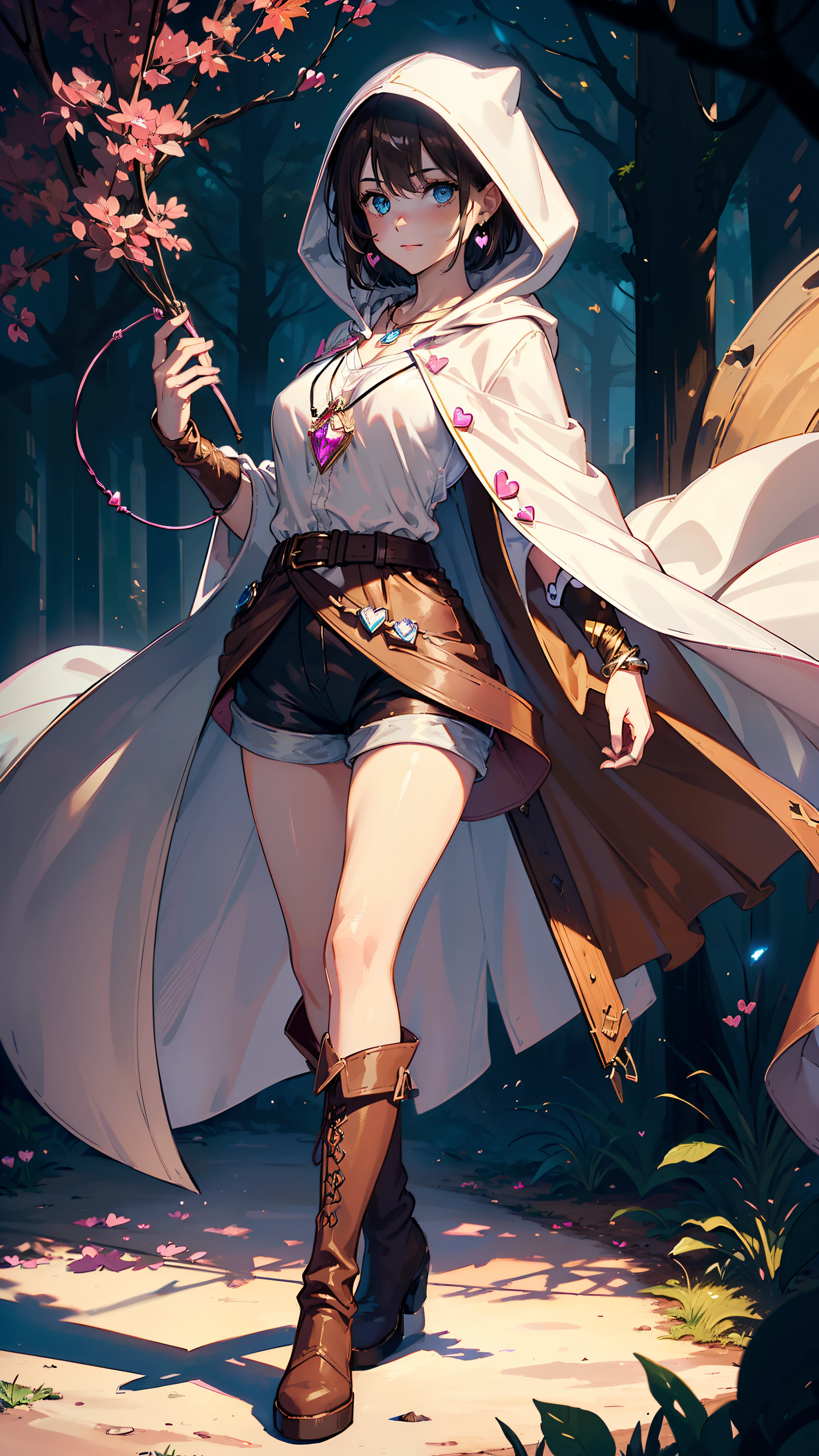 masutepiece, ultra-detailliert, 8K Portrait, Raw photo, a portrait photo of, Highly detailed face, beautiful and meticulous eyes, ((Fantasy)), Young beautiful, girl, Light brown short hair, Kind face, Cute smile, adventurer, (((Hooded))) (((White silk long cape))) Fluttering in the wind, (((Brown Shirt Dresses))), (((Dark brown shorts))), ((Leather boots)), (((Pink Heart Necklace))), One-sided blue earrings, ((Single Sided Blue Jewel Bracelet)), Holding a bottle of maple syrup, Midday Sun, Hyper realistic, Body model, tiny chest, beutiful breast, Long legs, in a castle, Camera focus on face, Ambient lighting, Shadow details, strong breeze, Light fog