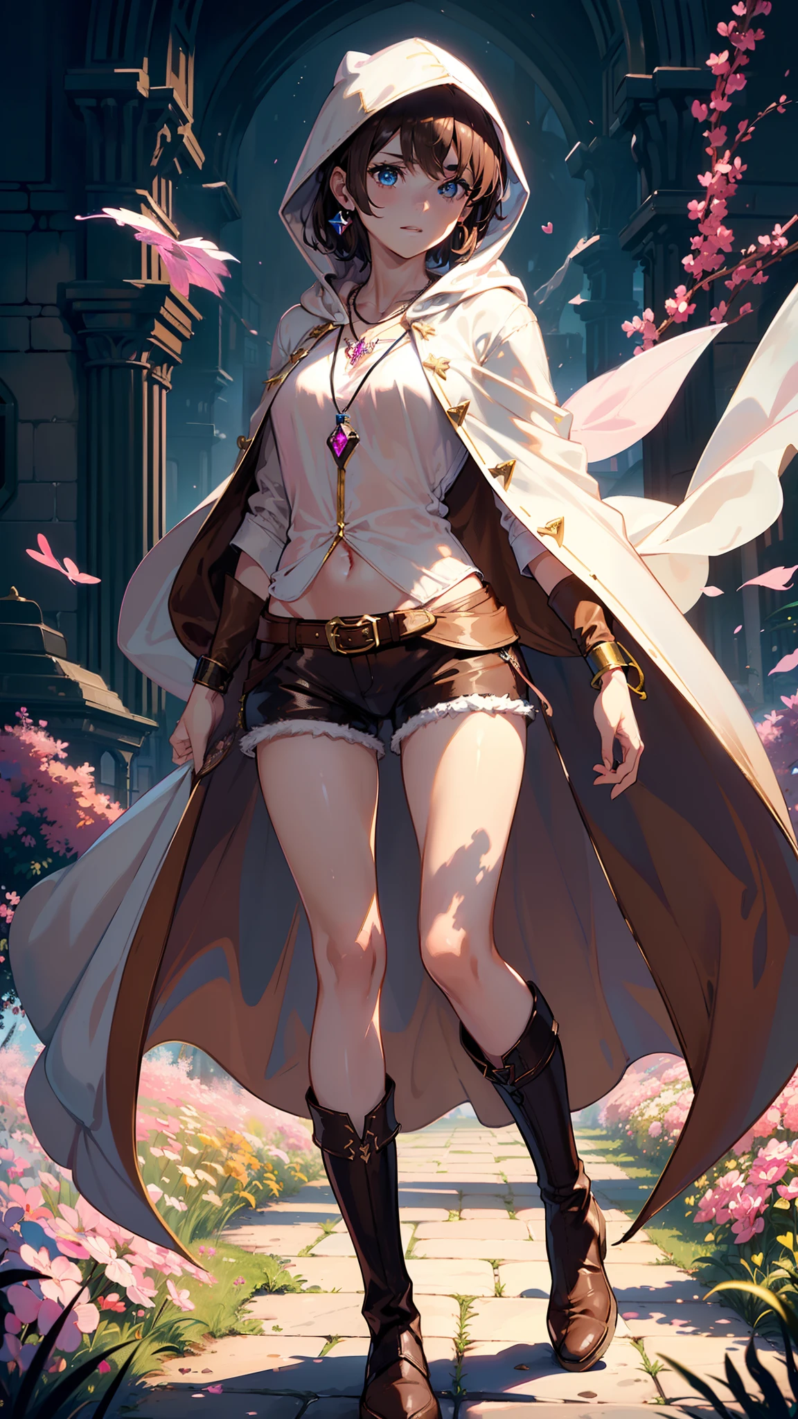 masutepiece, ultra-detailliert, 8K Portrait, Raw photo, a portrait photo of, Highly detailed face, beautiful and meticulous eyes, ((Fantasy)), Young beautiful, 17 year old girl, Light brown short hair, Kind face, Cute smile, adventurer, (((Hooded))) (((White silk long cape))) Fluttering in the wind, (((Brown Shirt Dresses))), (((Dark brown shorts))), ((Leather boots)), (((Pink Heart Necklace))), One-sided blue earrings, ((Single Sided Blue Jewel Bracelet)), Holding a bottle of maple syrup, Midday Sun, Hyper realistic, Body model, tiny chest, beutiful breast, Long legs, in a castle, Camera focus on face, Ambient lighting, Shadow details, strong breeze, Light fog