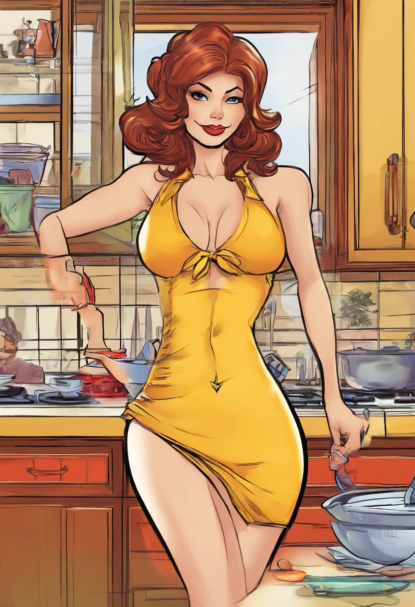 1 mujer, ama de casa, inglesa, cabello rubio, cabello corto, 40 years old, grandes gluteos, en tanga delgada, Small thong, y tacones, de cuatro patas, from the rear, vista pov, en cocina