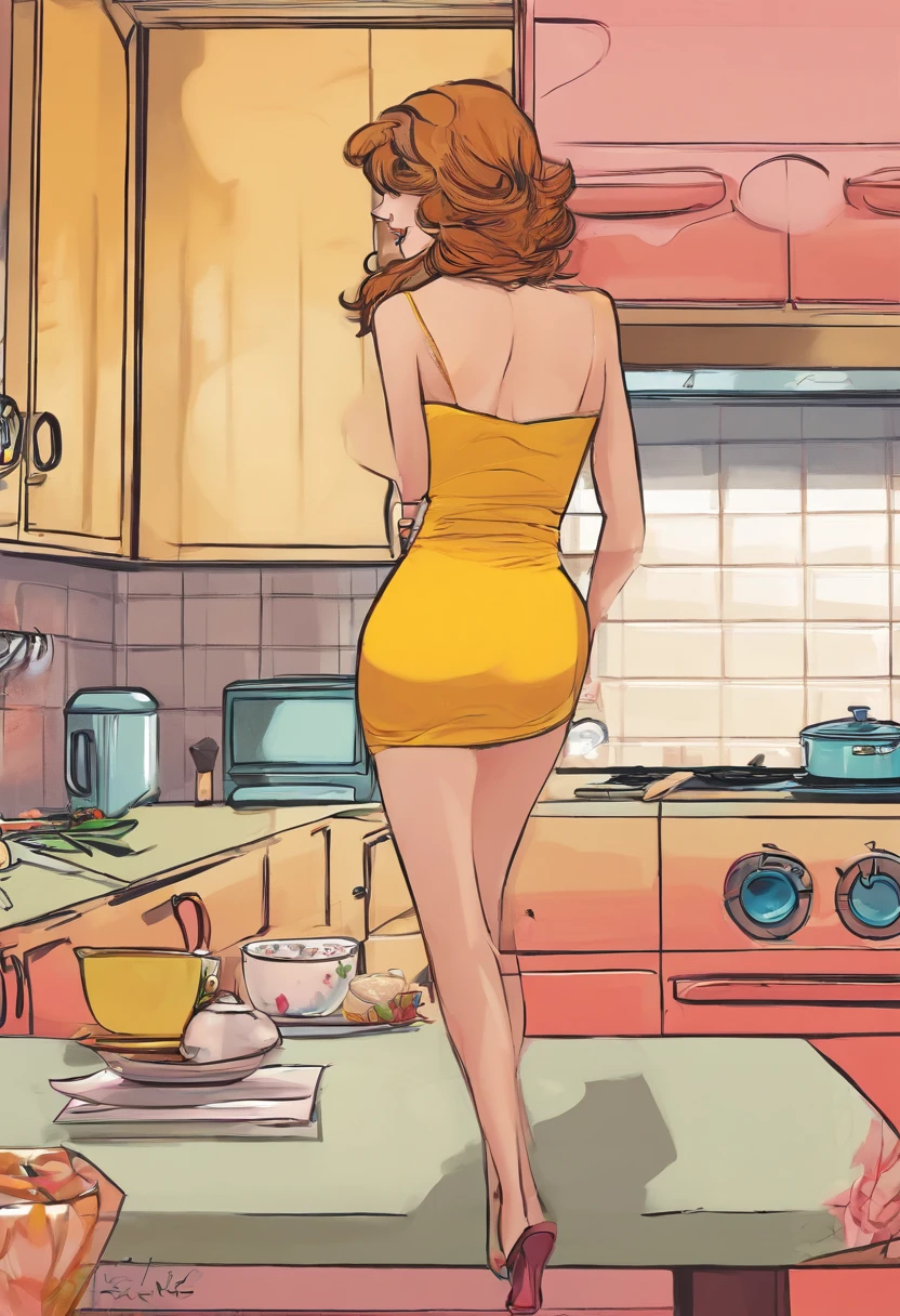 [Aly Michalka|Farrah Fawcett] Washing Dishes, Kitschy Kitchen with a large kitchen sink with Lots of soap suds, Soapy Skin, (soap bubbles), lots of Kitschy Art on shelves, (Potato Chip Bag), (bag of chips),