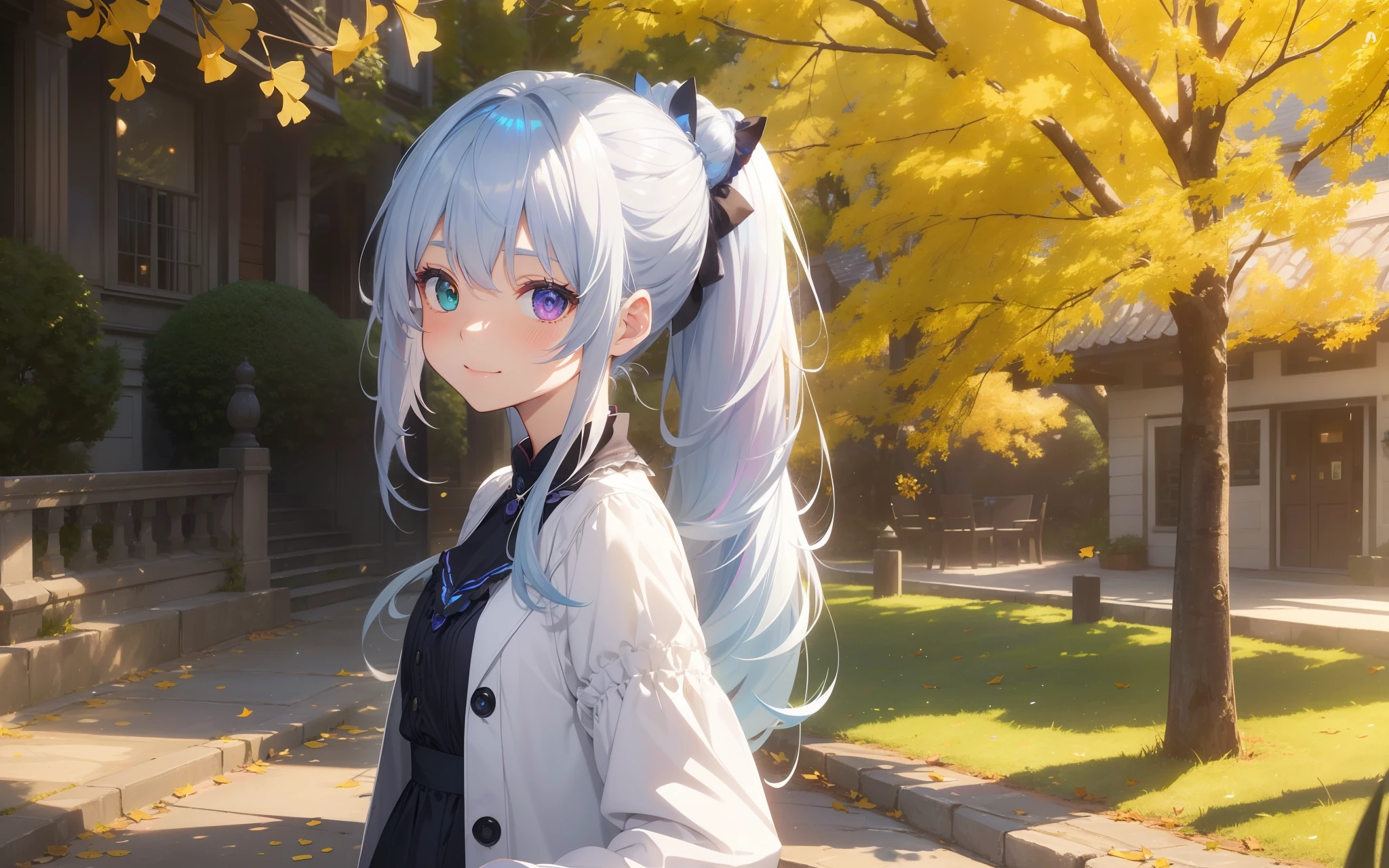 top-quality、Photorealsitic、The ultra-detailliert、delicate、orderly、High Details、bluish-silver ponytail、(Drooping heterochromia iris:1.4)、Gamine、10yaers old、embarrassed from、a smile、A slender、cowboy  shot、blured background、(1 girl in:1.1)、GameCG、dynamic ungle、(Bioluminescent hair、radiant eyes:1.2)、ambient occlusion、ambient lights、ray trace reflection、Glow、glowing aura、Radiant hair、autumnal、ginkgo、Gingko leaves scattering、Gingko trees