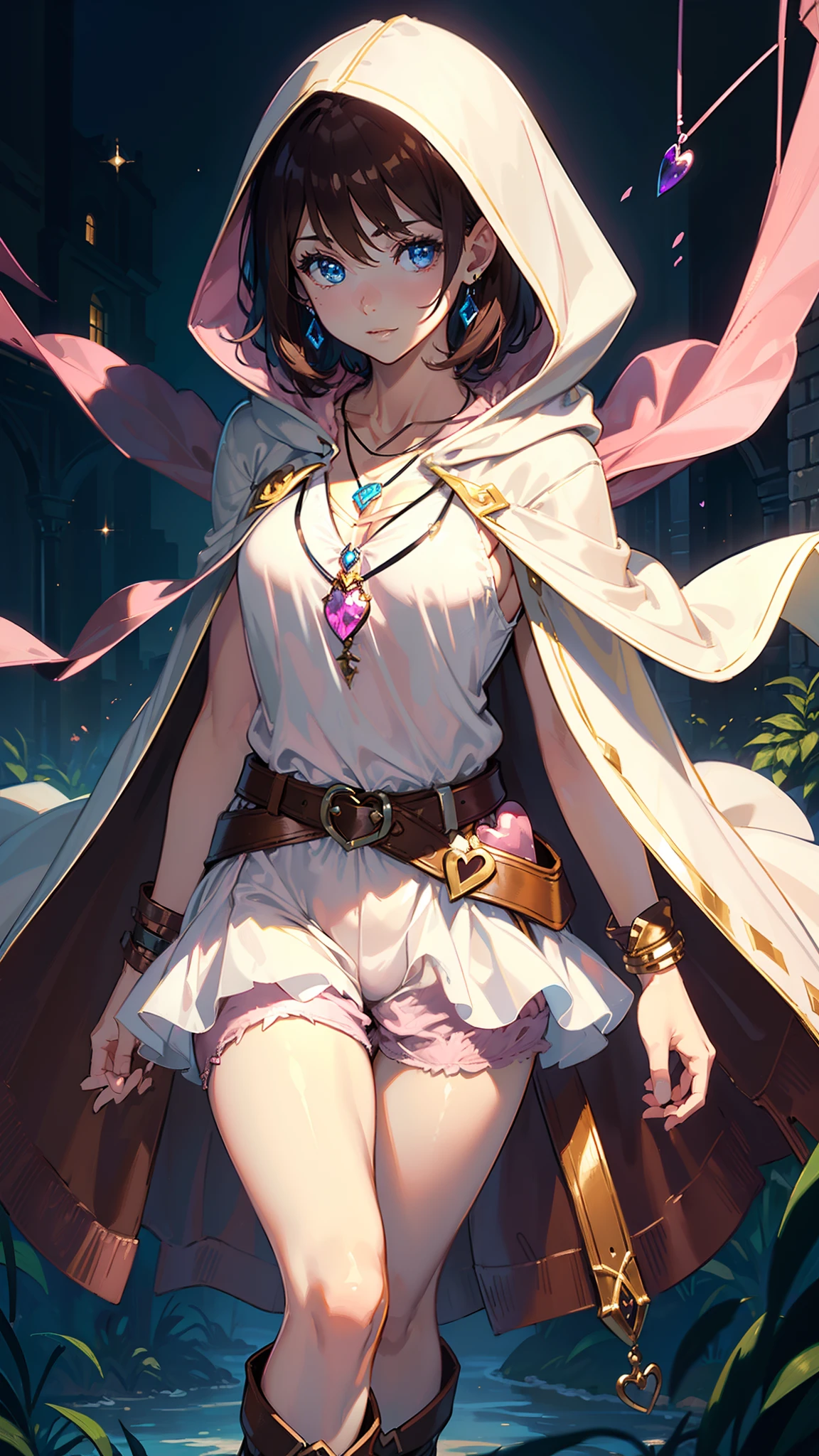 masutepiece, ultra-detailliert, 8K Portrait, Raw photo, a portrait photo of, Highly detailed face, beautiful and meticulous eyes, ((Fantasy)), Young beautiful, 17 year old girl, Light brown short hair, Kind face, Cute smile, adventurer, (((Hooded))) (((White silk long cape))) Fluttering in the wind, (((Brown Shirt Dresses))), (((Dark brown shorts))), ((Leather boots)), (((Pink Heart Necklace))), One-sided blue earrings, ((Single Sided Blue Jewel Bracelet)), Holding a bottle of maple syrup, Midday Sun, Hyper realistic, Body model, tiny chest, beutiful breast, Long legs, in a castle, Camera focus on face, Ambient lighting, Shadow details, strong breeze, Light fog
