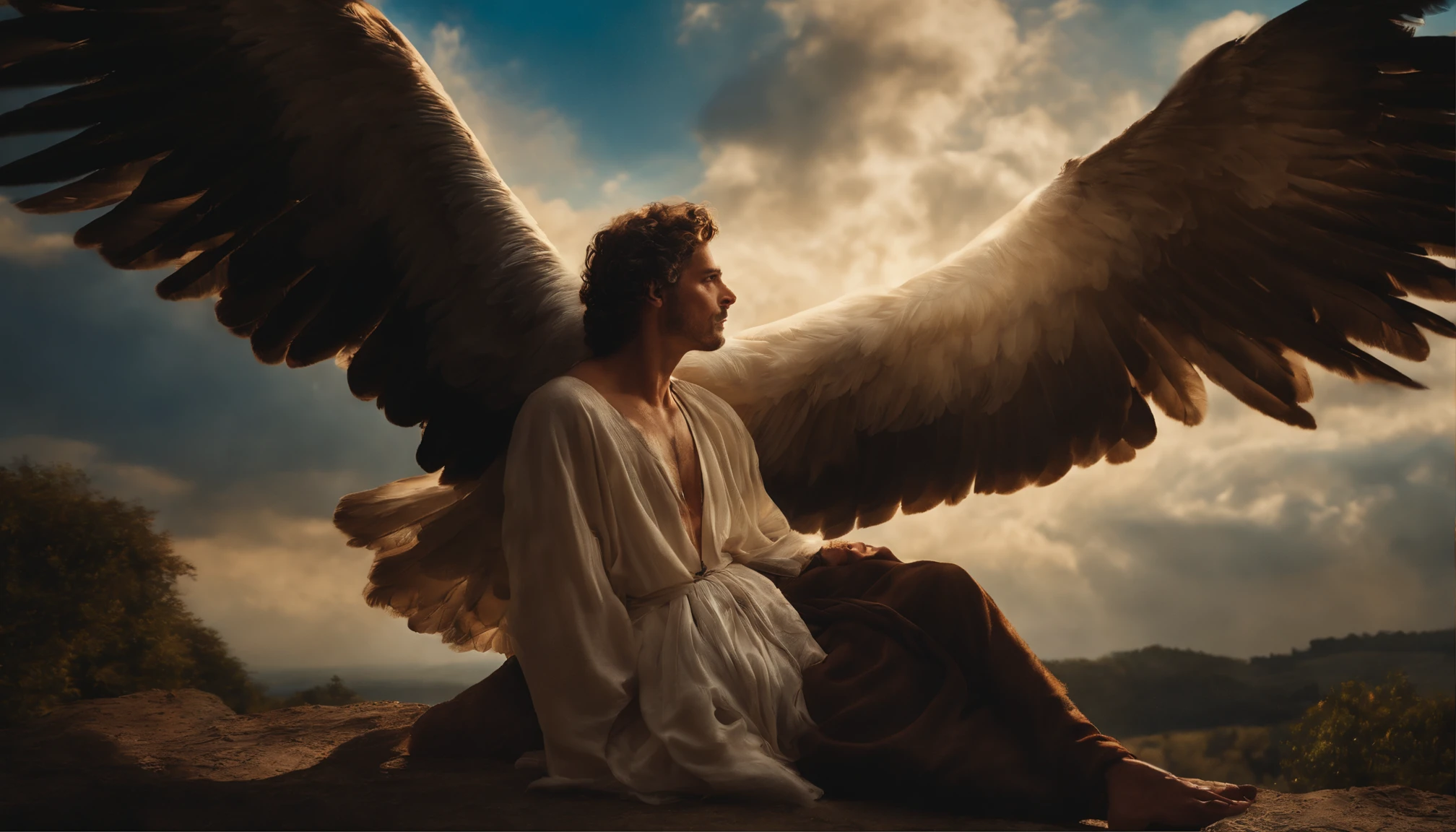 pintura a oleo, anjo homem segurando uma Lira, assas brancas abertas, Bright sky in the background, breathtaking masterpiece, Vivid, ornado, Caravaggio, 8k