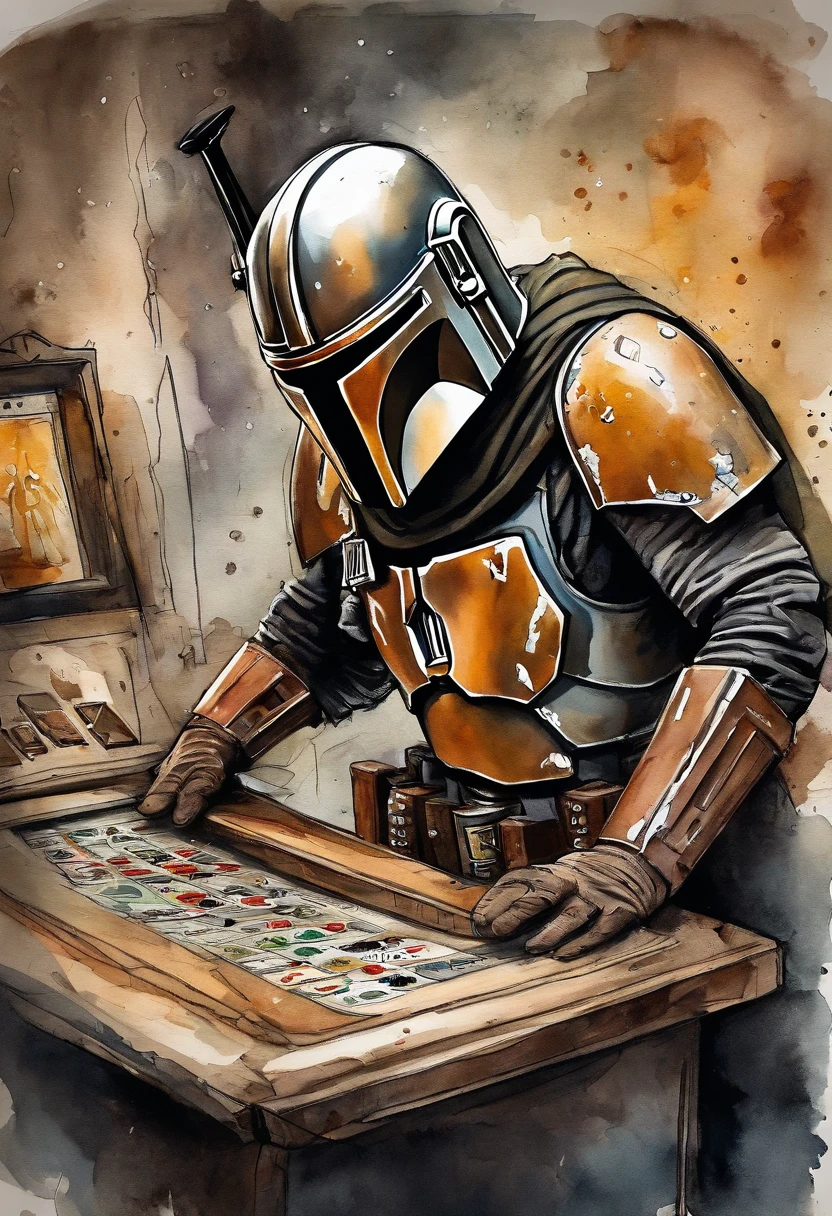 The Mandalorian playing a slot machine Drawing in ink, Digital illustration, Comic strip style, acuarela, Estilo art Station, Arte conceptual, 2 d illustration, por Peter Draw, por Carne Griffiths, por Wadim Kashin, cuerpo completo, Centrado, Detallado, Suave, dynamic  pose, --v 5.1 --ar 3:4