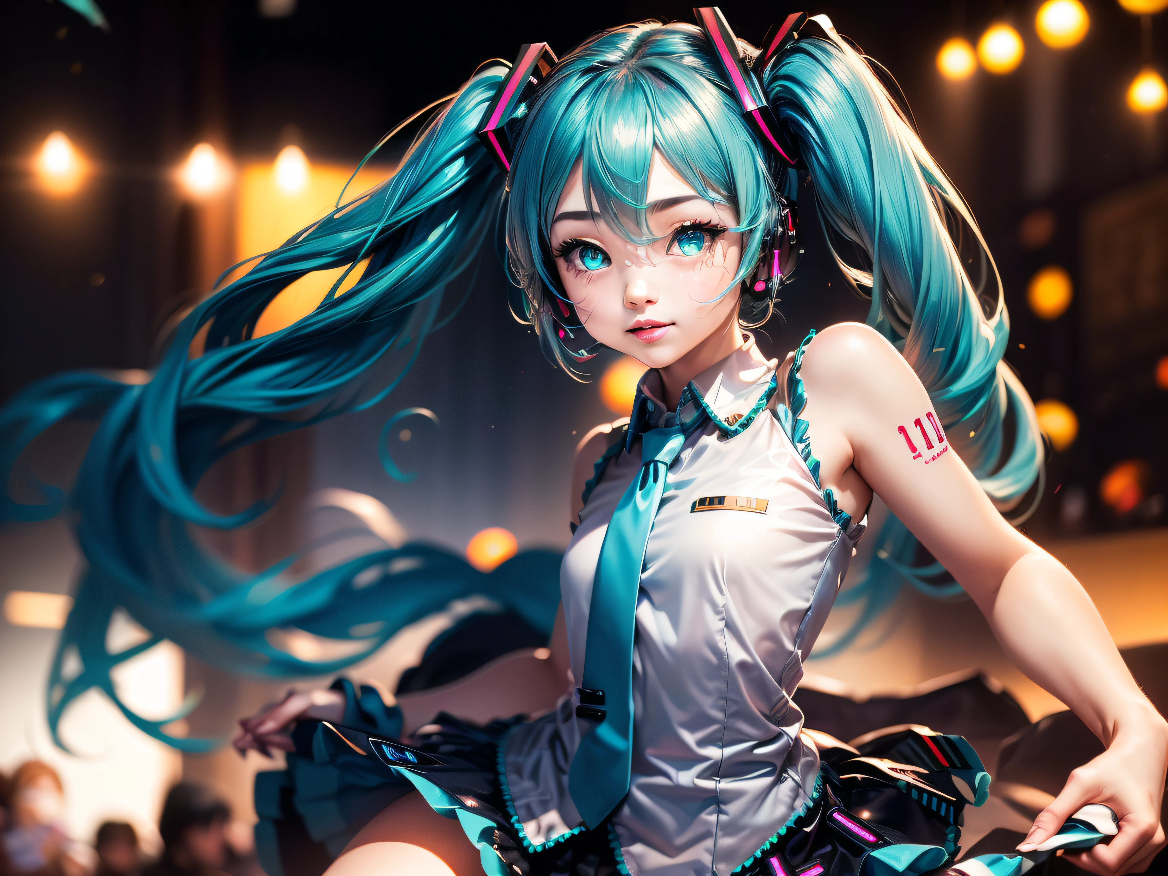 (masterpiece, intricate details), 1girl, mature female, idea _face, BREAK hatsunemiku, (Hatsune Miku, glowing eyes), , miku hatsune, ahoge, aqua eyes, aqua hair, crossed bangs, hair between eyes, hair ornament, headphones, long hair, twintails,