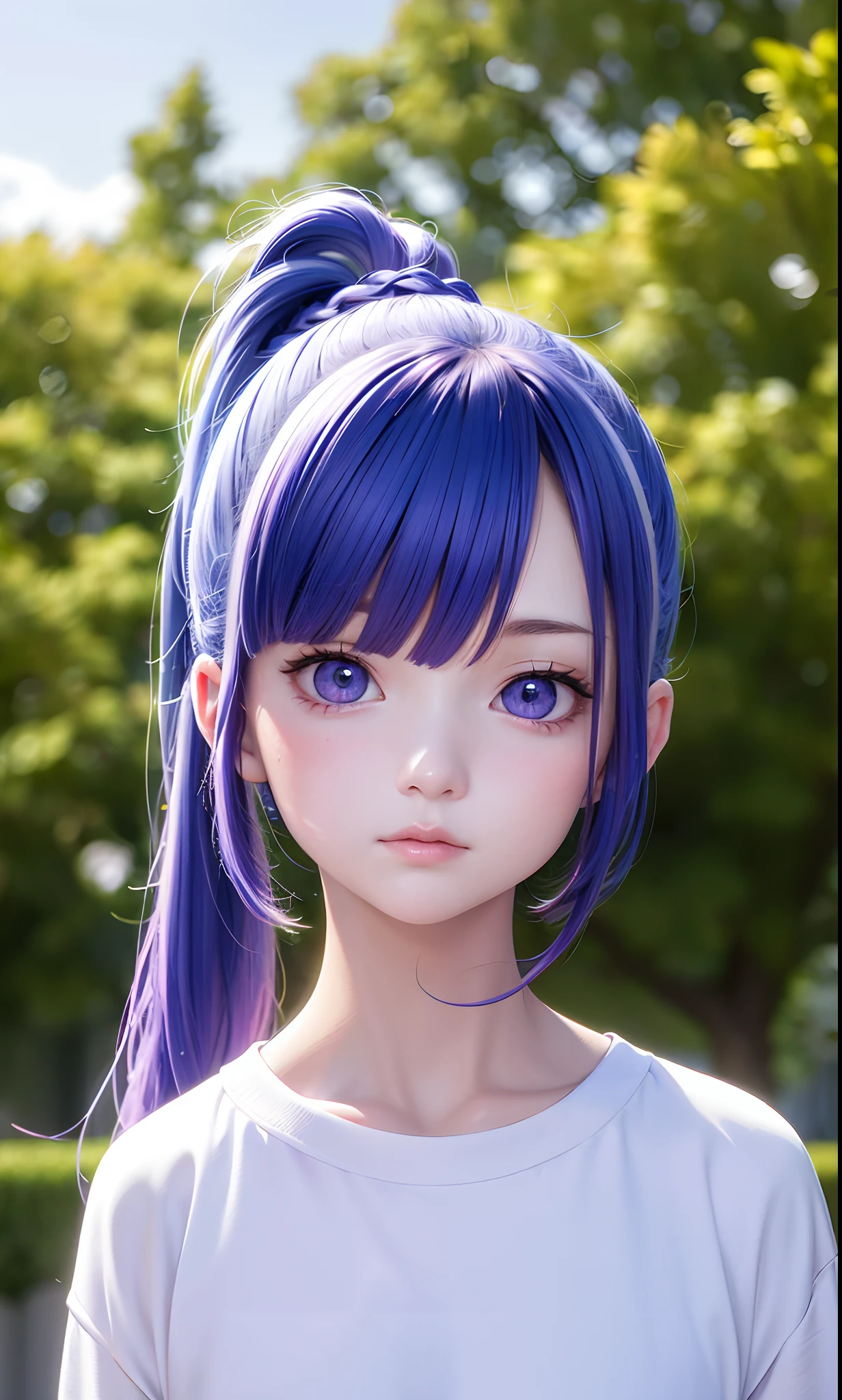 Excellent, masterpiece, blue-hair, purple-eyes, white clothes, looking up, upper body, hair, fair skin, double ponytail, depth of field, detailed face, Focus, bokeh, potrait,