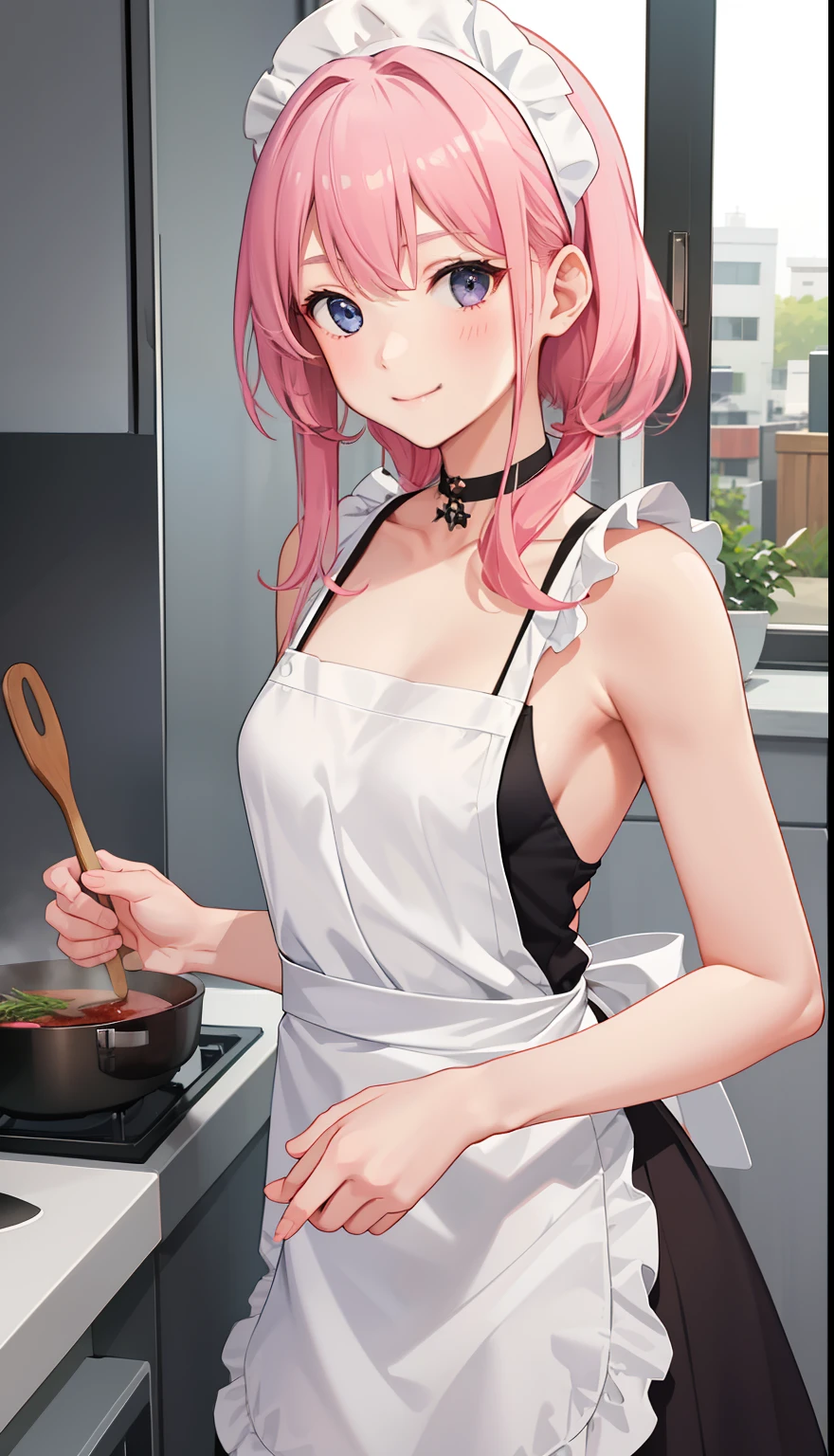 1girl in、A smile、Cooking in your room、barechested、Wearing only an apron、（（medium tits））、