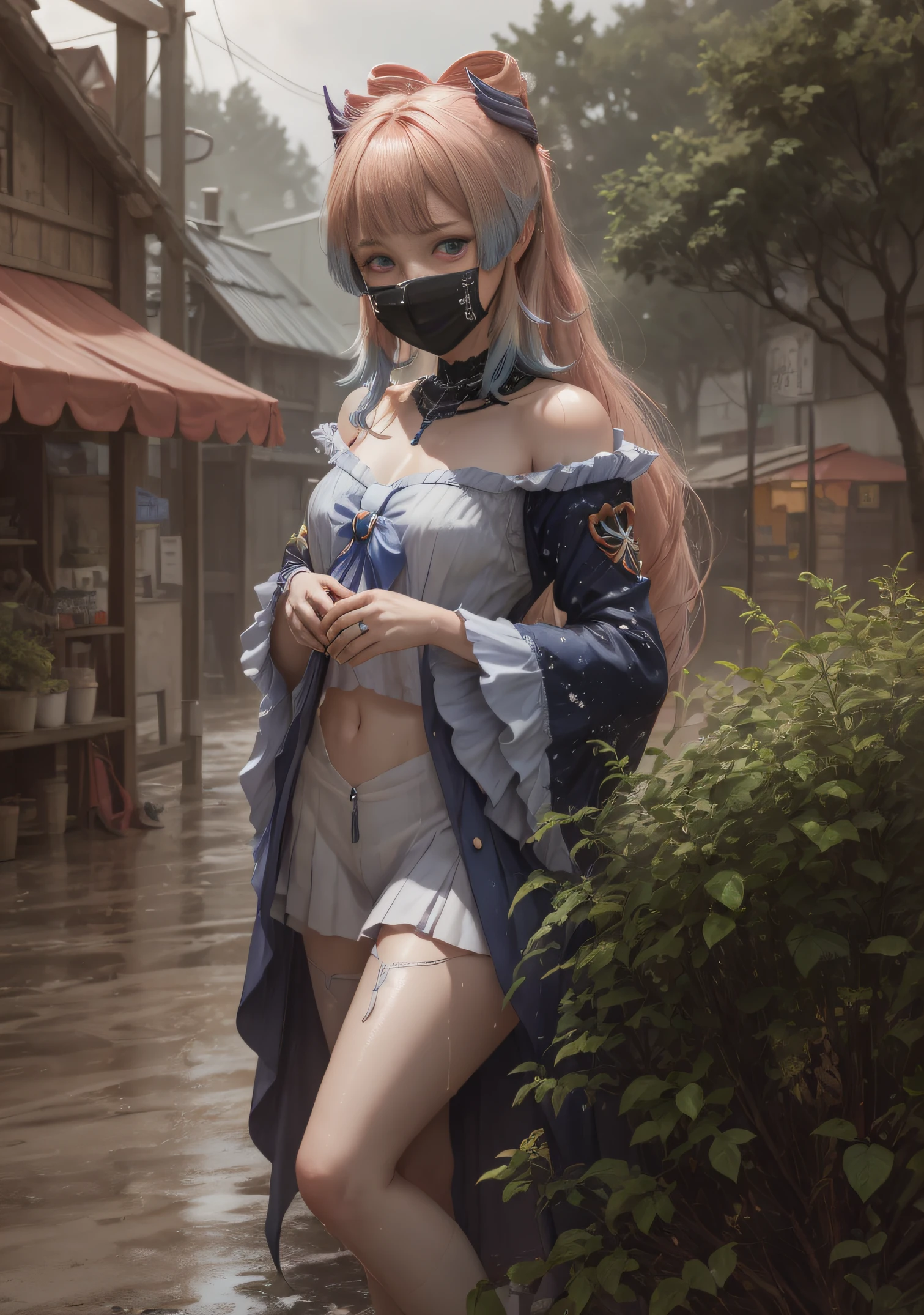 The girl stands and looks at the camera, A girl stands at a fair in the rain, heavy rain, blue eyes and dark hair, pony tail, face mask, wet clothing, dark sky, Thin, Wet waist, Slender figure, Appearance of the model, confusion, sexuality, Beautiful ears, green colored eyes, little chest, wet clothing, (Clothes shine through), (visible through clothes), Sweet girl, attractive anime girl, beautiful anime girl, Cute beautiful anime woman, detailed digital anime art, beautiful anime girl, beautiful anime girl, Anime with small details, Best Quality, Masterpiece, Ultra-detailed, Beautiful, hight resolution, Original,CG 8K ультрареалистичный, perfect artwork, beatiful face, Face Clean, Skin, hyper realistic, Ultra Detailed, A detailed eye, dramatic  lighting, (Realistic) Realistic, Full HD, Best Quality, Best Quality, Beautiful lighting, (8k wallpaper of extremely detailed CG unit), High Details, sharp-focus, The art of dramatic and photorealistic painting, Bare leg,