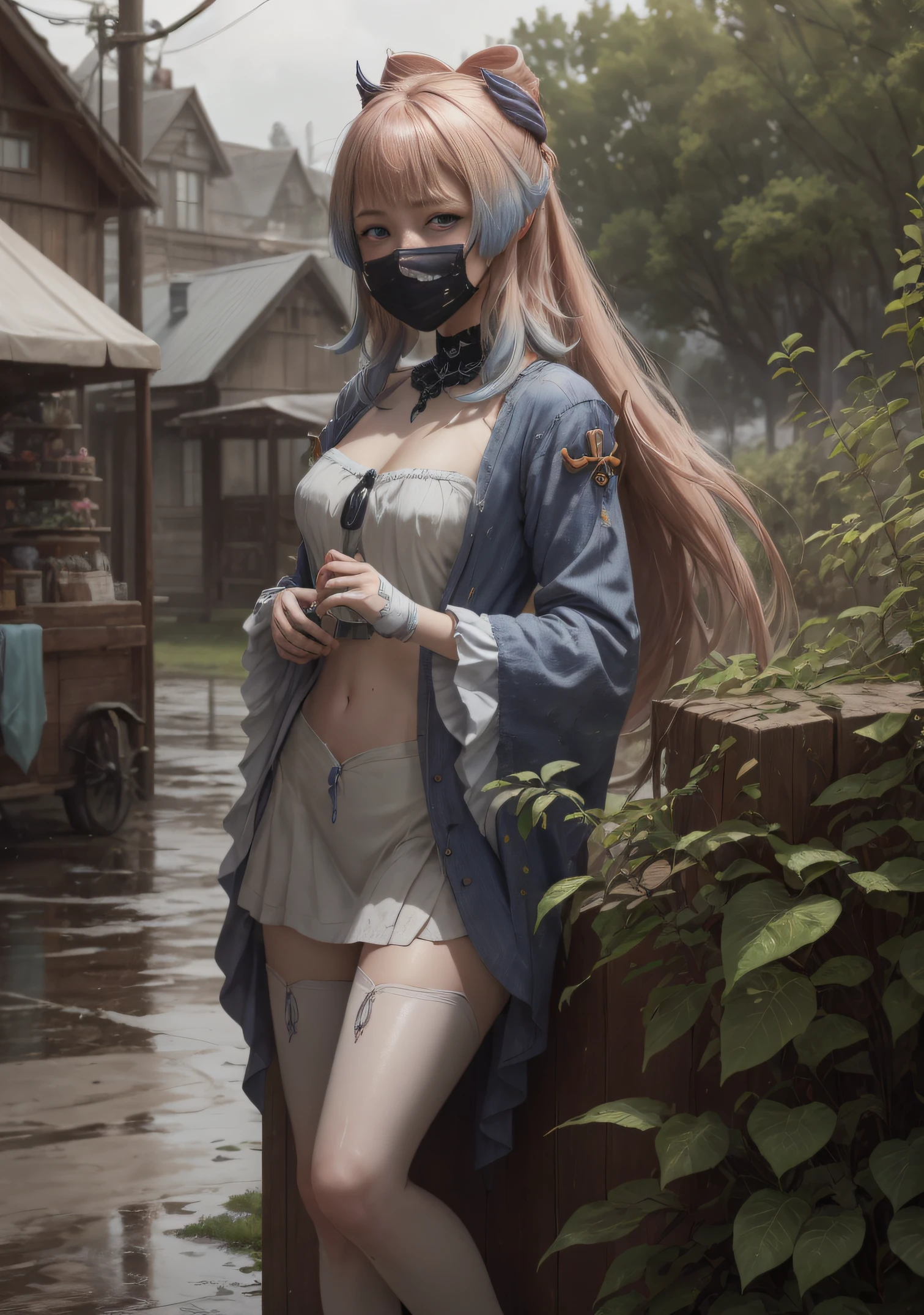 The girl stands and looks at the camera, A girl stands at a fair in the rain, heavy rain, blue eyes and dark hair, pony tail, face mask, wet clothing, dark sky, Thin, Wet waist, Slender figure, Appearance of the model, confusion, sexuality, Beautiful ears, green colored eyes, little chest, wet clothing, (Clothes shine through), (visible through clothes), Sweet girl, attractive anime girl, beautiful anime girl, Cute beautiful anime woman, detailed digital anime art, beautiful anime girl, beautiful anime girl, Anime with small details, Best Quality, Masterpiece, Ultra-detailed, Beautiful, hight resolution, Original,CG 8K ультрареалистичный, perfect artwork, beatiful face, Face Clean, Skin, hyper realistic, Ultra Detailed, A detailed eye, dramatic  lighting, (Realistic) Realistic, Full HD, Best Quality, Best Quality, Beautiful lighting, (8k wallpaper of extremely detailed CG unit), High Details, sharp-focus, The art of dramatic and photorealistic painting, Bare leg,