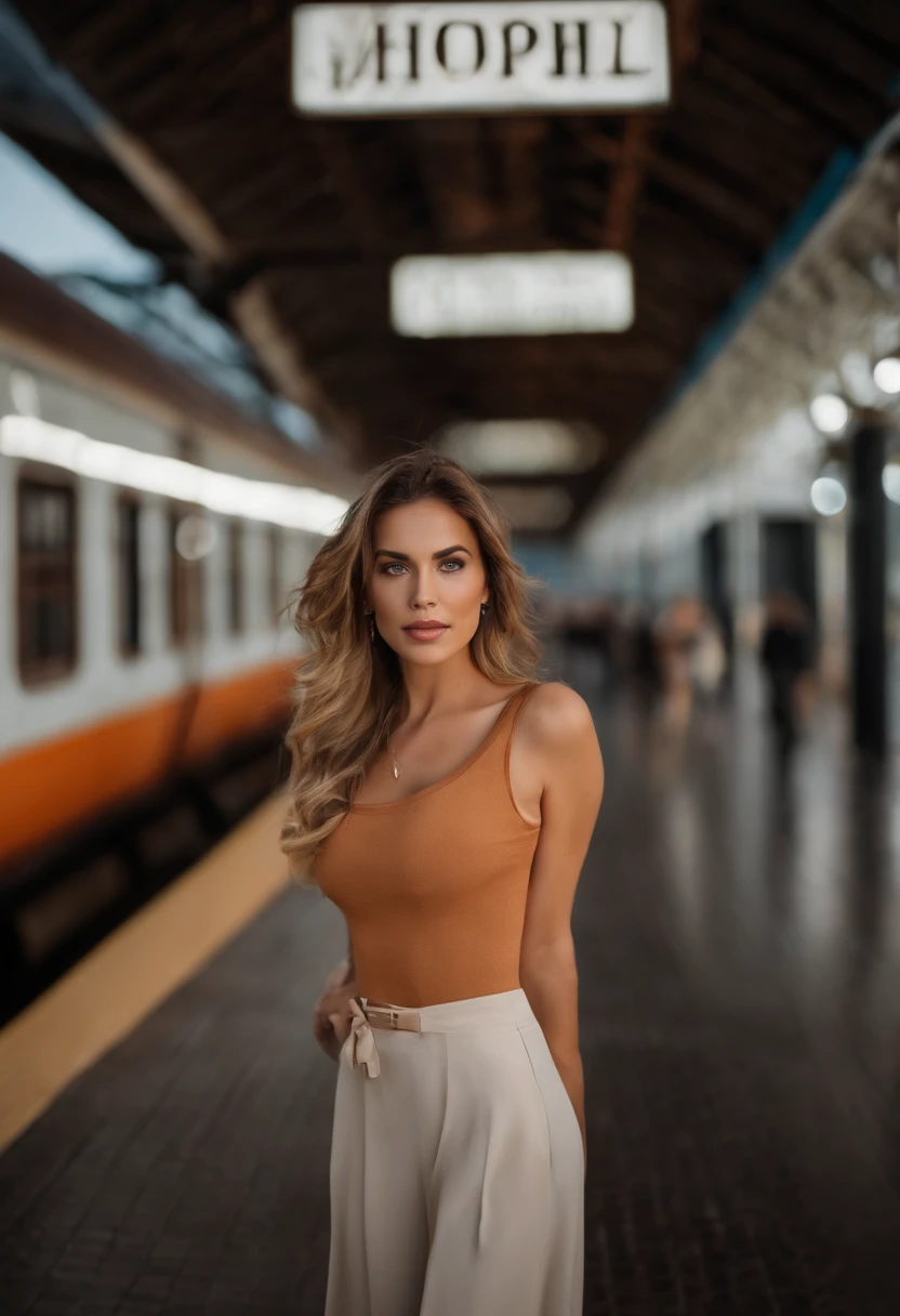 https://imgur.com/9evxLtY Maquiagem fina, medium breasts size, Camisa polo laranja, At the train station, clear facial features of Canon EOS, 16k, high resolution, Crisp and realistic details, overexposure, corte, UHD, Altas, best quality