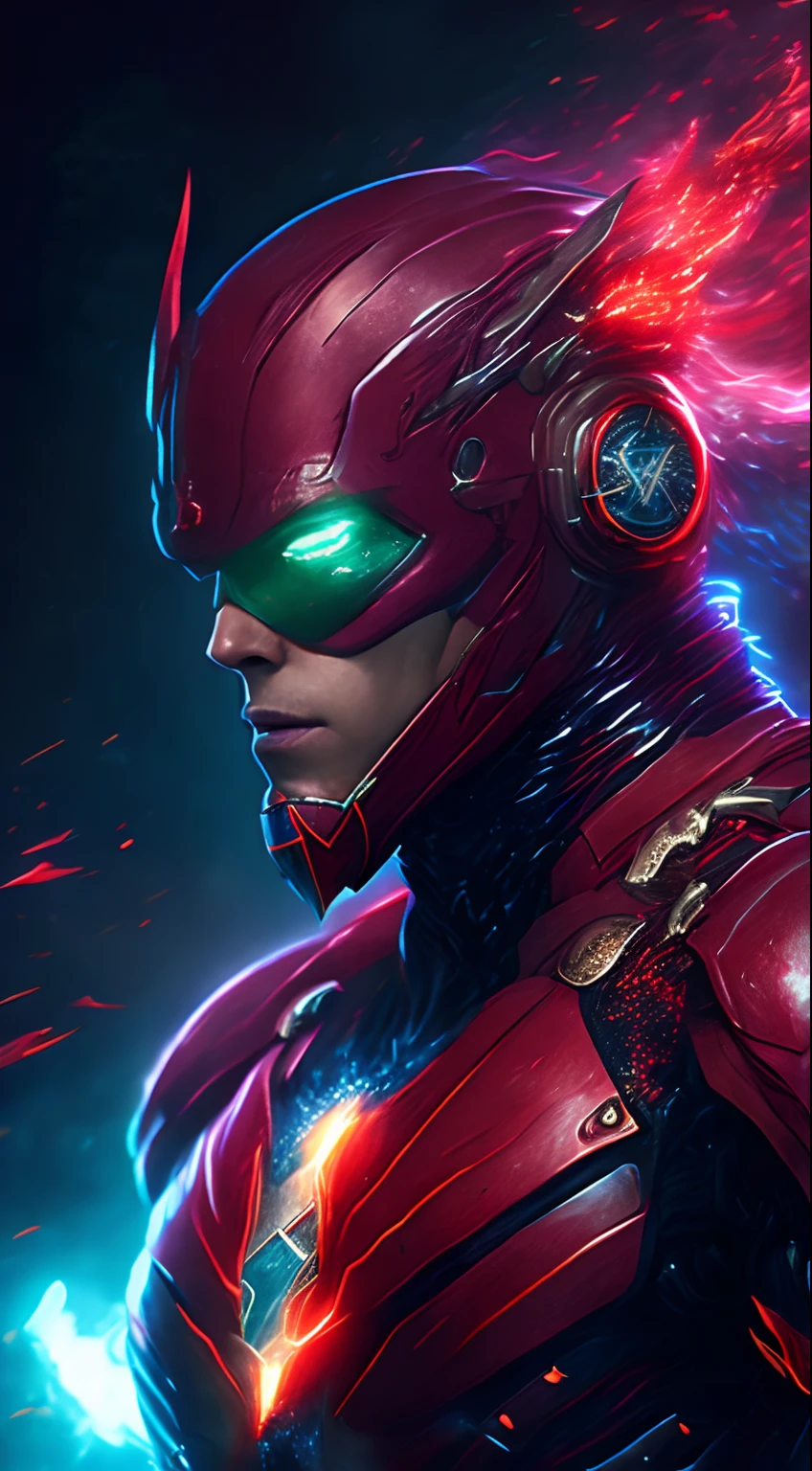 gloomy portrait of God Cyborg Flash from DC, extremely detailed, City underwater, nighttime, glowing neon lights, smoke, sparks, metal shavings, flying debris, red energy effects, volumetric light, cowboy shot.