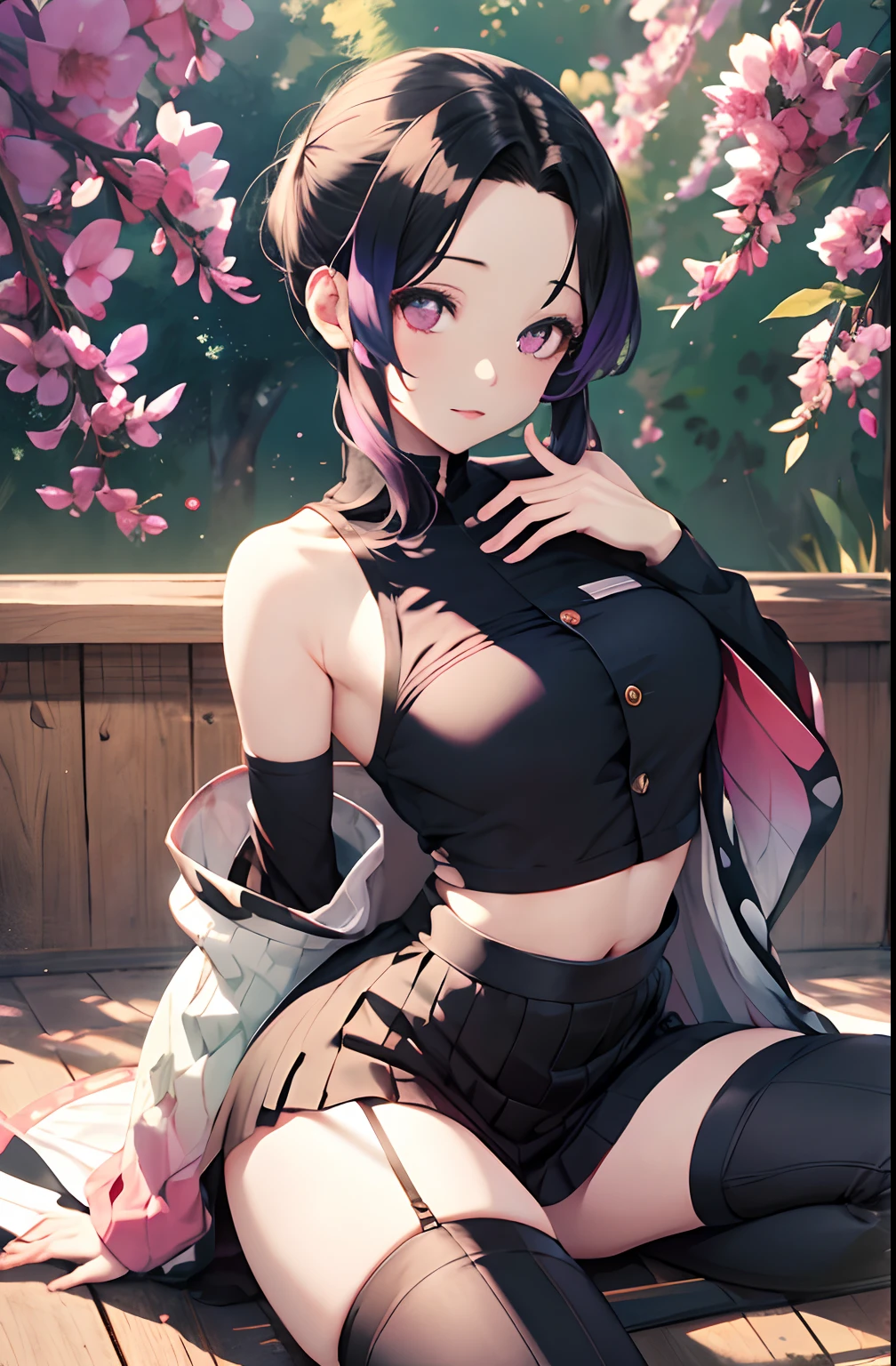 masutepiece, Best Quality, hight resolution, 1girl in, 独奏, kochou shinobu, Decorate your hair with butterflies, violet eyes, Multi-colored hair, Short hair, Parted bangs, Short shorts, Spread your legs apart, skirt by the, Turtleneck Top, outside of house, Erotica, Emphasis on the chest, Leather, off the shoulder, thigh high leather socks