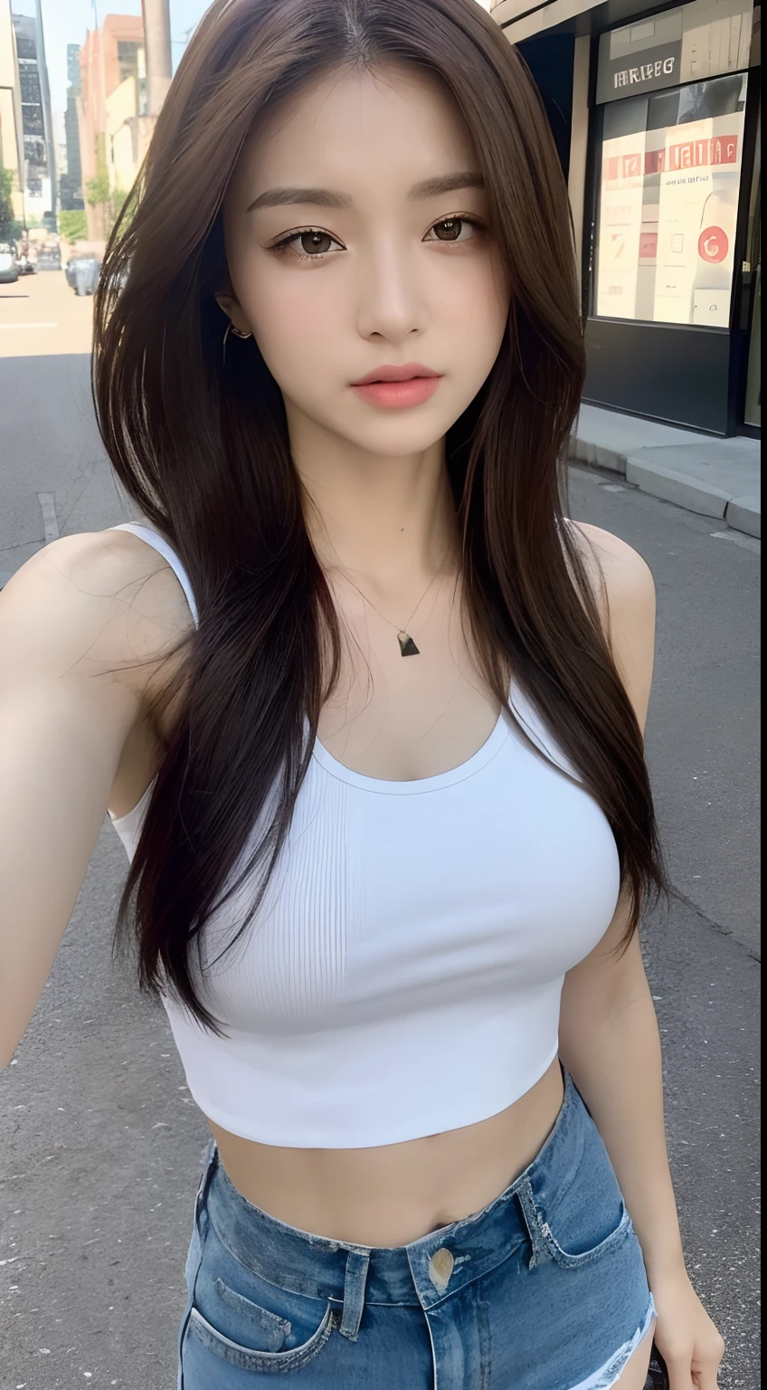 ((Realistic lighting, Best quality, 8K, Masterpiece:1.3)), Focus:1.2, 1girl, Perfect Figure:1.4, Slim Abs:1.1, ((Dark Brown Hair)), (White Crop Top: 1.4), (Outdoor, Seaside: 1.1), City Street, Super Fine Face, Fine Eyes, Double Eyelids,