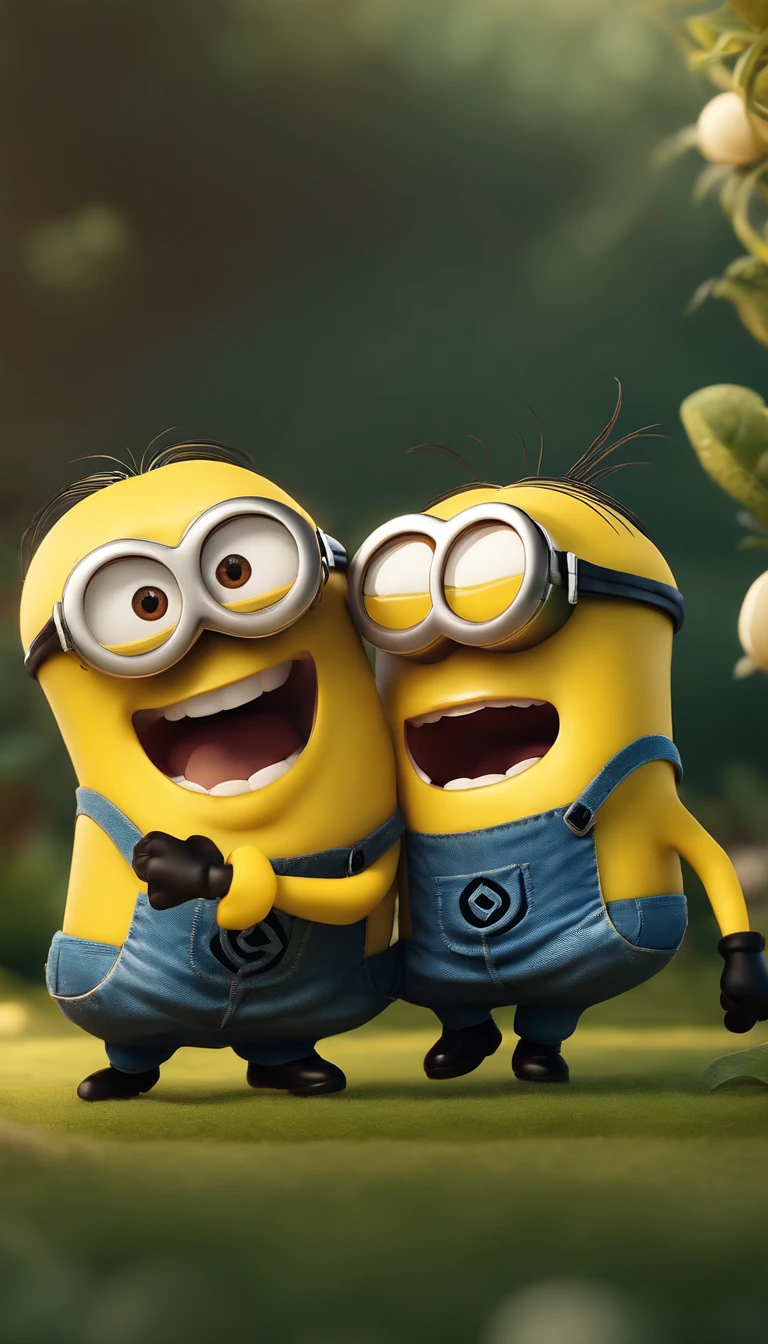 2 minions smiling ,dancing on the garden,minimalist colors,happy,playful,whimsical,soft lighting,high-res,4k,8k,best quality