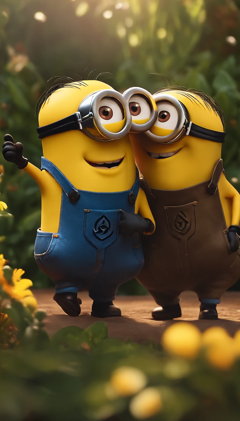 2 minions smiling ,dancing on the garden,minimalist colors,happy,playful,whimsical,soft lighting,high-res,4k,8k,best quality