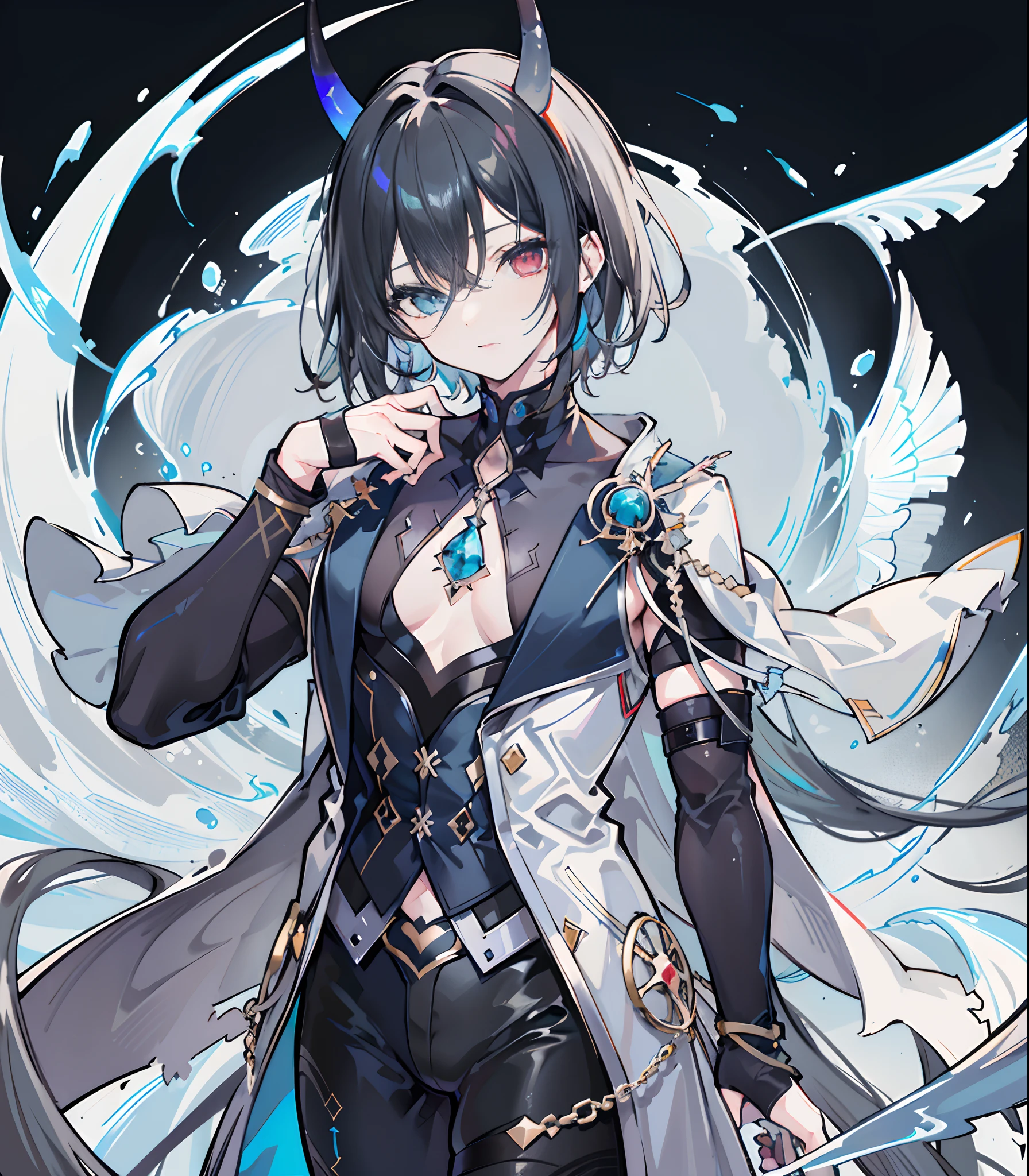 Young man 1, Demon horn, Solo, {{{(Dark blue heterochromia), (Dark gray heterochromia)}}}, ((Hi-Res)), ((masuter piece)), ((Best Quality)), (Very detailed)), Large file size, fulcolor, Short black hair, Chiseled abs, Powerful biceps, V-shaped fuselage