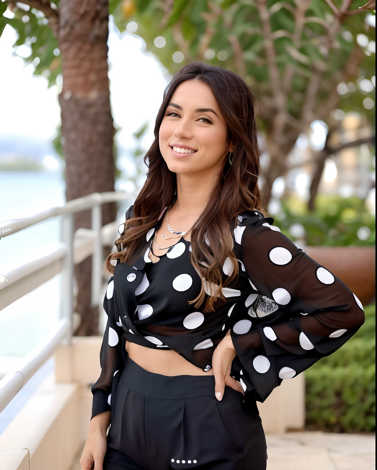 a woman in a polka-dot top and black pants in front of a tree, fernanda suarez, Malika Favre, Marischa Becker, Directed by: Nandor Soldier, imagem vazada, andrea rocha, Lorena Avarez, bonito e sorridente, ela tem um rosto expressivo bonito, She is grinning, Alanis Guillen