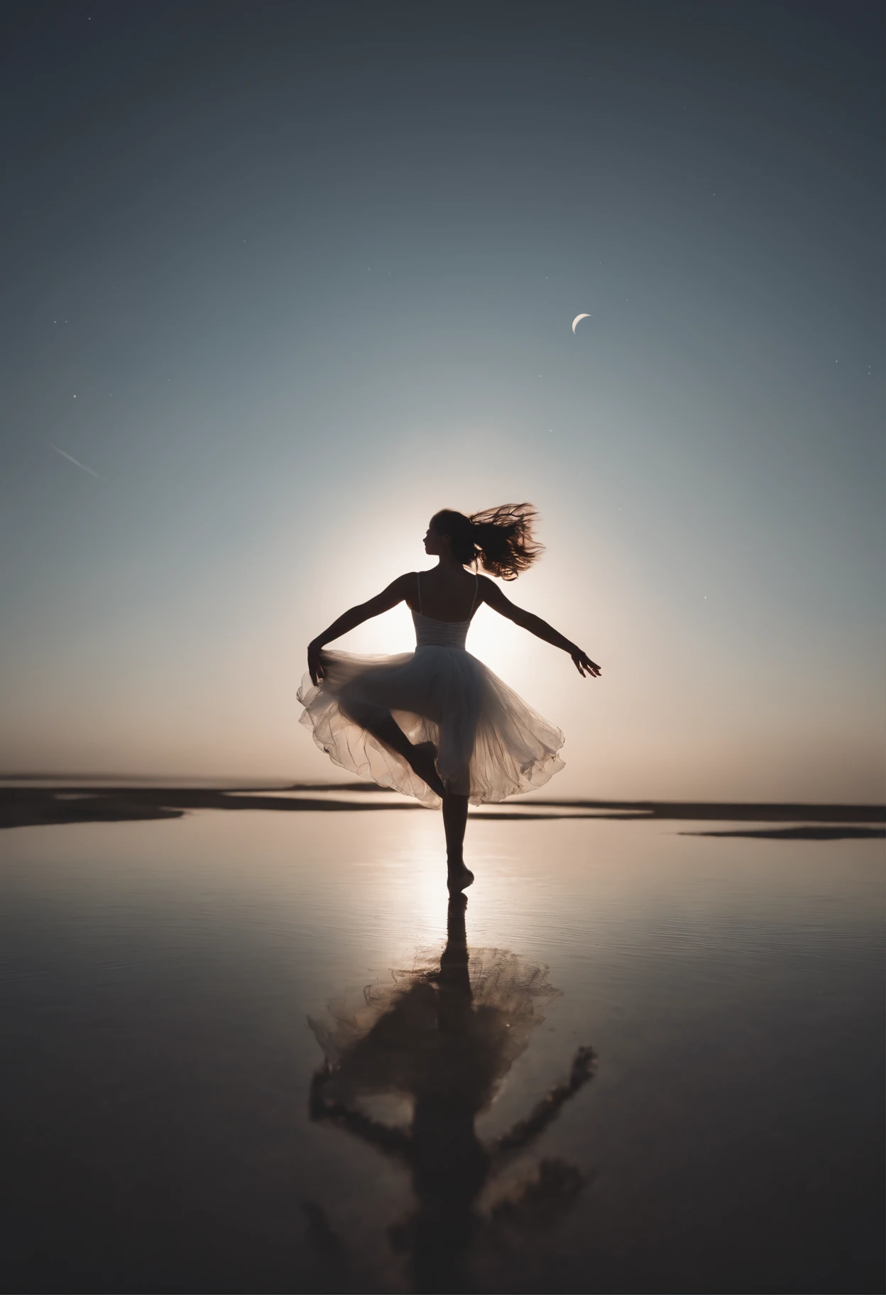 masutepiece, Original, from behind, Full body, Ballerina silhouette, ballet pose, Reach for the stars, Starlight reflected at her feet, Salt Flats Environment, Princess, sundress, Porcelain Skin, Long floating hair, Shimmering iridescent hair, Race trajectory, grateful, Natural moonlight, Ultra Wide Cinematic Shots, Dramatic Angle, Unreal Engine, Milky way, mirrornun, silhuette, light Particle, mirrornun
