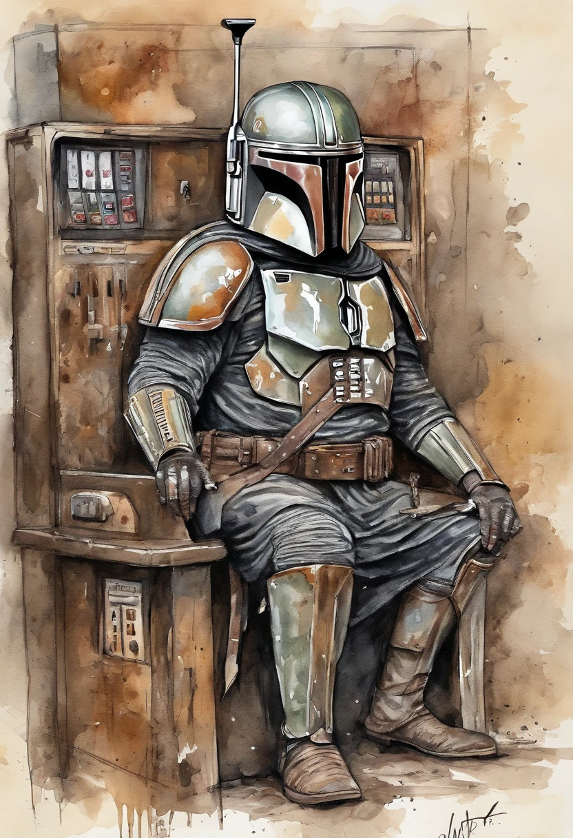 The Mandalorian playing a slot machine Drawing in ink, Digital illustration, Comic strip style, acuarela, Art Station Style, arte conceptual, 2 d illustration, por Peter Draw, por Carne Griffiths, por Wadim Kashin, cuerpo completo, centrado, detallado, Suave, dynamic pose, --v 5.1 --ar 3:4