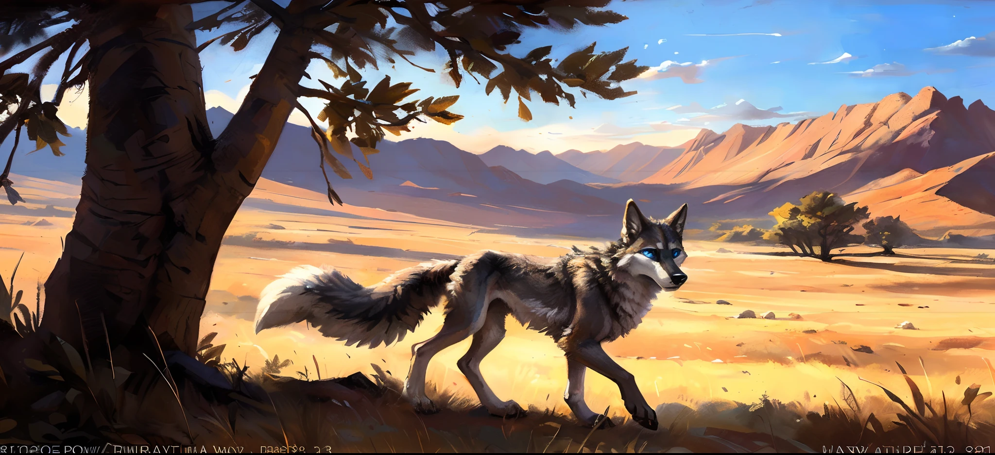 ((Solo)), Male, coyote, (Multi-colored fur, White-brown:1.3,White tail pointed), ((Wolf face, White hair, Big eyes, White eyelids, Blue pupil, Slim:1.2) (Tough, Calm expression:1.2)), Robust,Slim, pinging)), (Correct body anatomy), A big tail,Feet,Longer torso,Well-proportioned limbs,(Realistic fur, Detailed fur texture, labeled:1.3)), (Natural lighting), Photorealistic, Hyperrealistic, ultradetailed, by Kenket,Naked all over the body,Endless grasslands,Walking