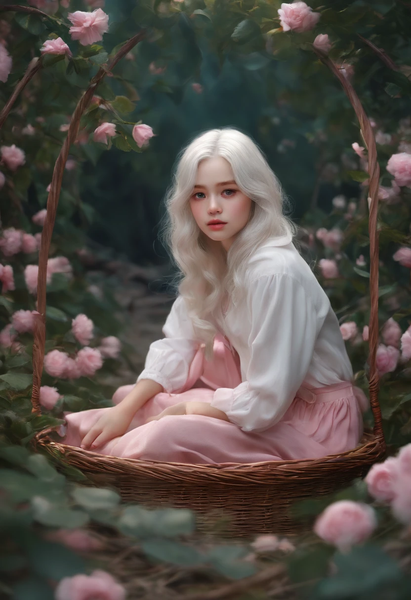 Masterpiece, best quality, super detailed, illustration, beautiful detailed eyes, close up, a girl. It is white hair, pink bow, white pajamas. Squat on the ground and rummage through the clothes basket