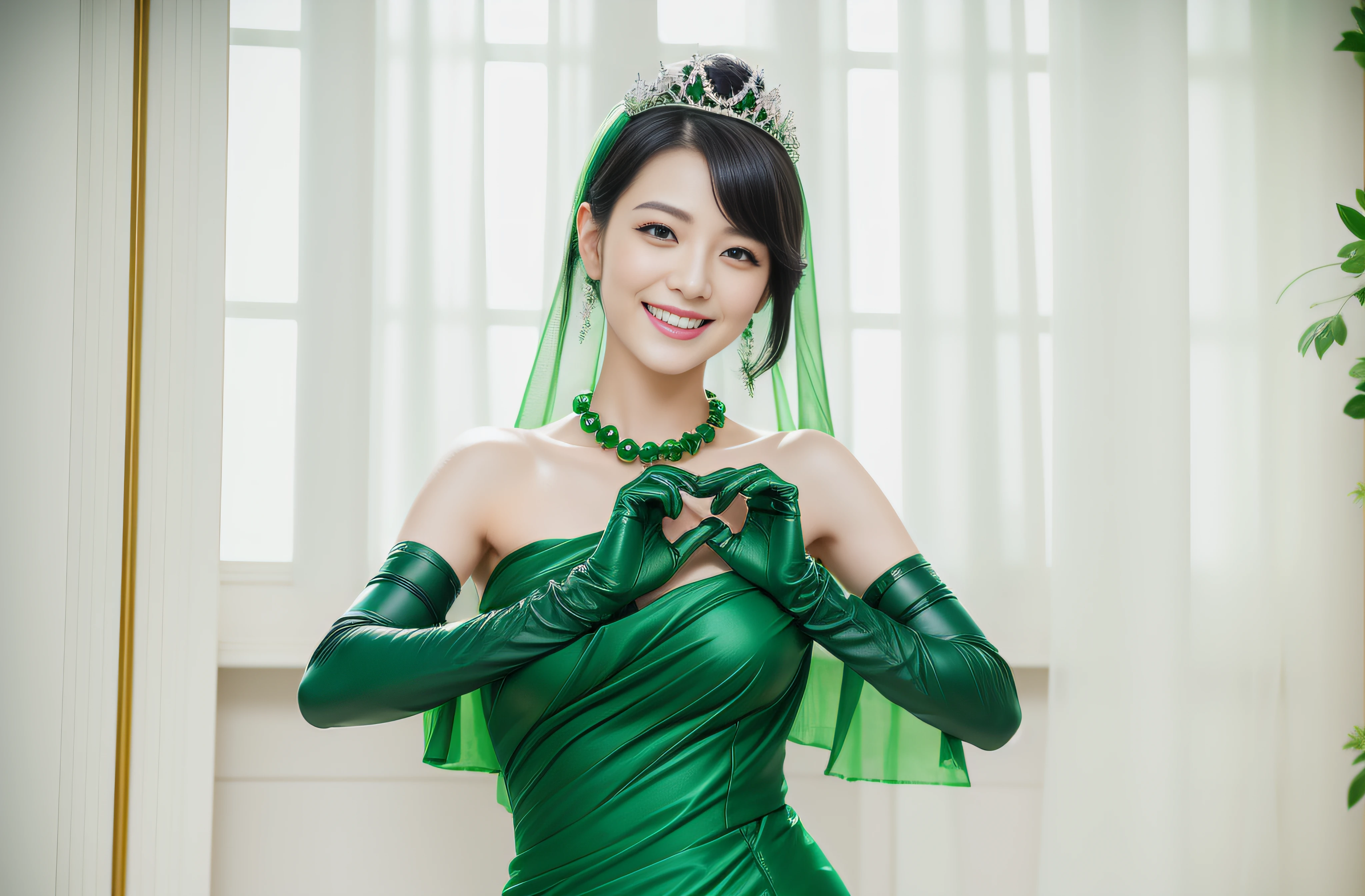 Boyish very short black hair, lipsticks, Japan woman smiling, Green Long Grove,　Emerald Tia boyish very short black hair, lipsticks, Japan woman smiling, Satin green long gloves,　emerald tiara, Green Pearl Necklace, verd s eyes, Green eyes, Long green gloves made of satin material, big breasts beautiful, Green Bridal Veil