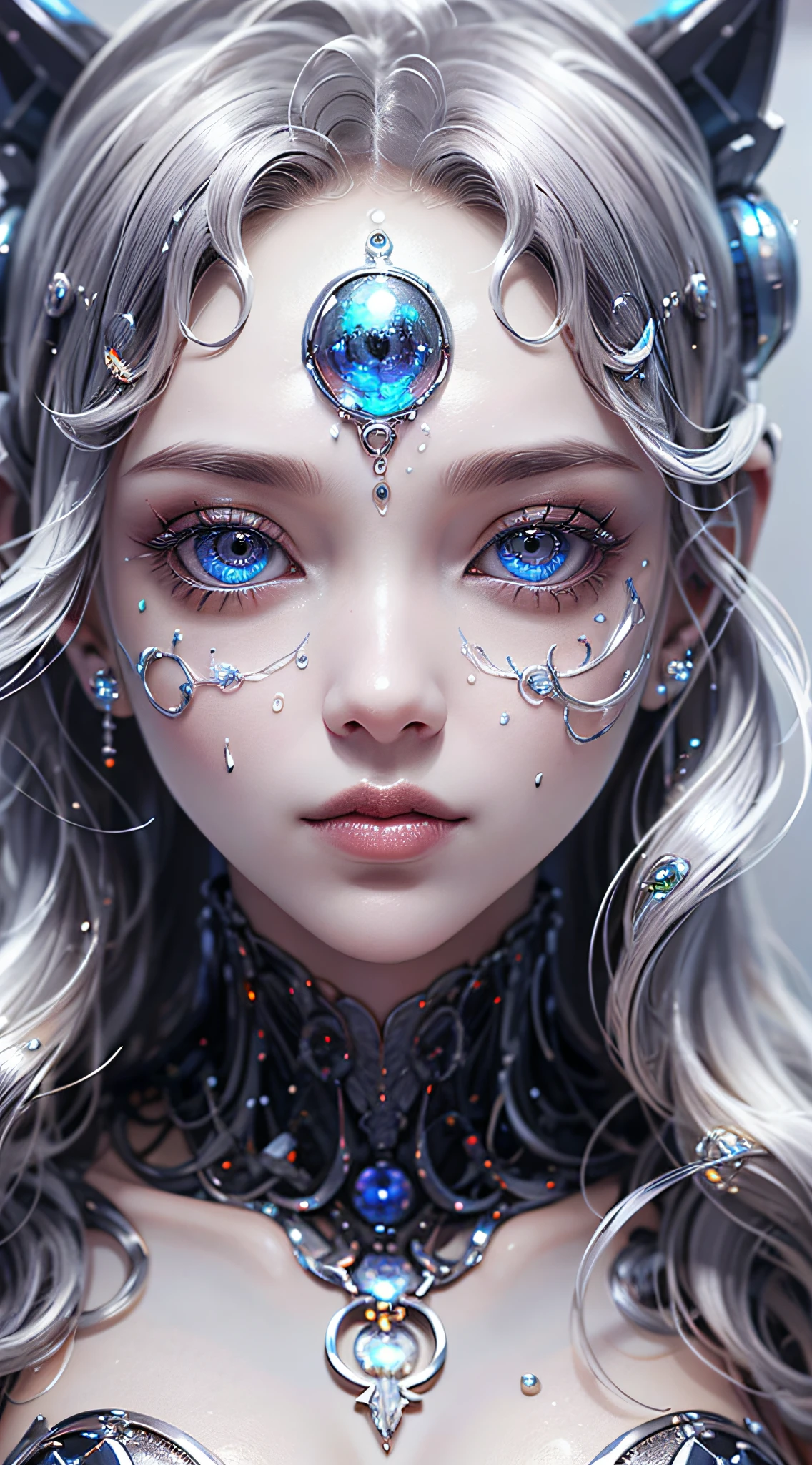 Corpo inteiro como，（melhor qualidade，Ultra - Detalhado，best illustration，Melhor sombra，tmasterpiece，A high resolution，ProfissionalArtwork，obras de arte famosas），Olhos detalhados，Olhos belos，clivagem em close-up，scientific fiction，esclera colorida，robot eyes，marcas faciais，Tatuado com，（fractalizado，olhos fractais），olhos grandes，olhos arregalados，（foco ocular），Foco Sface，Cosmic eyes，Olhos espaciais，Close-up da escultura de metal de uma mulher com uma lua em seu cabelo，deusas。Detalhe extremamente alto，Retrato da deusa 3D，Imagens extremamente detalhadas da deusa，Um retrato impressionante de uma deusa，Imagem lateral da deusa，Retrato de uma bela deusa，Retrato em close-up de corpo inteiro da deusa，hecate goddess，portrait of a norse moon goddess，goddess of space and time，(Foto RAW:1.2)，dedo de camelo，Oco em，suor leggs，white liquid， pele rosa lisa, shiny metallic glossy skin, reluzente, 　Espalhe as pernas　Pernas em forma de M，olhar irritado，mal-estar，irritado，white liquid all over body，Corpo inteiro como