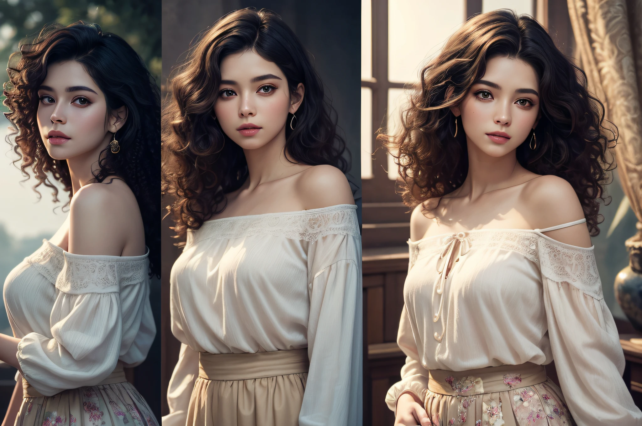 (high resolution,4k,8k,masterpiece:1.2),ultra-detailed,(realistic,photorealistic,photo-realistic:1.37),detailed background,one person,curly hair,long hair,purple eyes,star in the eye,off-shoulder blouse,long skirt,beautiful detailed eyes,beautiful detailed lips,extremely detailed eyes and face,curly hair blowing in the wind,flowing long skirt,soft breeze,floral patterns on the blouse,colorful background,subtle shadows,luminous glowing effect,curly hair with natural highlights,vivid colors,sparkling light in the eye,delicate brush strokes,impressive attention to detail,dreamlike atmosphere,carefully handcrafted masterpiece.