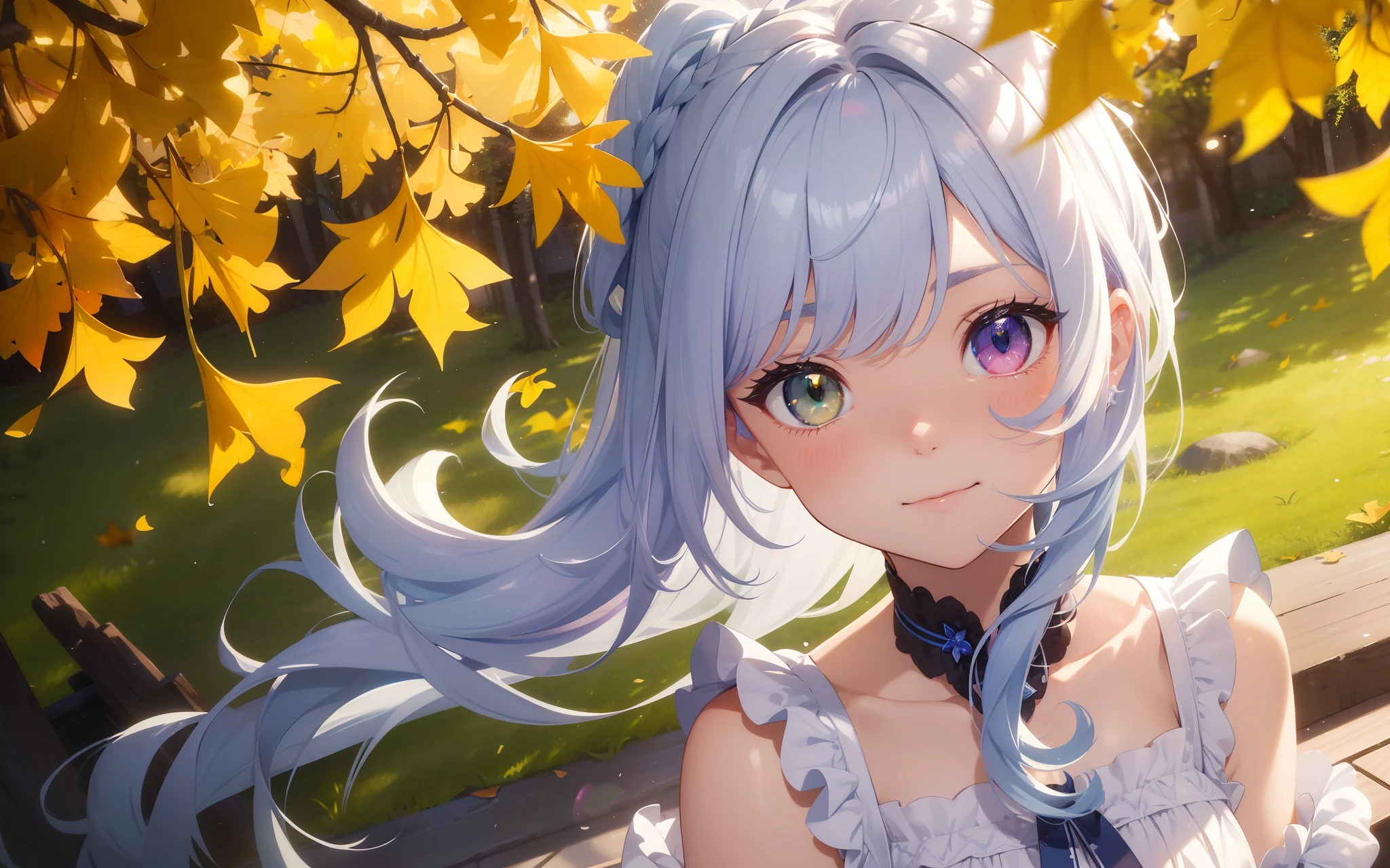 top-quality、Photorealsitic、The ultra-detailliert、delicate、orderly、High Details、bluish-silver ponytail、(Drooping heterochromia iris:1.4)、Gamine、ers old、embarrassed from、a smile、A slender、cowboy  shot、blured background、(1 girl in:1.1)、GameCG、dynamic ungle、(Bioluminescent hair、radiant eyes:1.2)、ambient occlusion、ambient lights、ray trace reflection、Glow、glowing aura、Radiant hair、autumnal、ginkgo、Gingko leaves scattering、Gingko trees