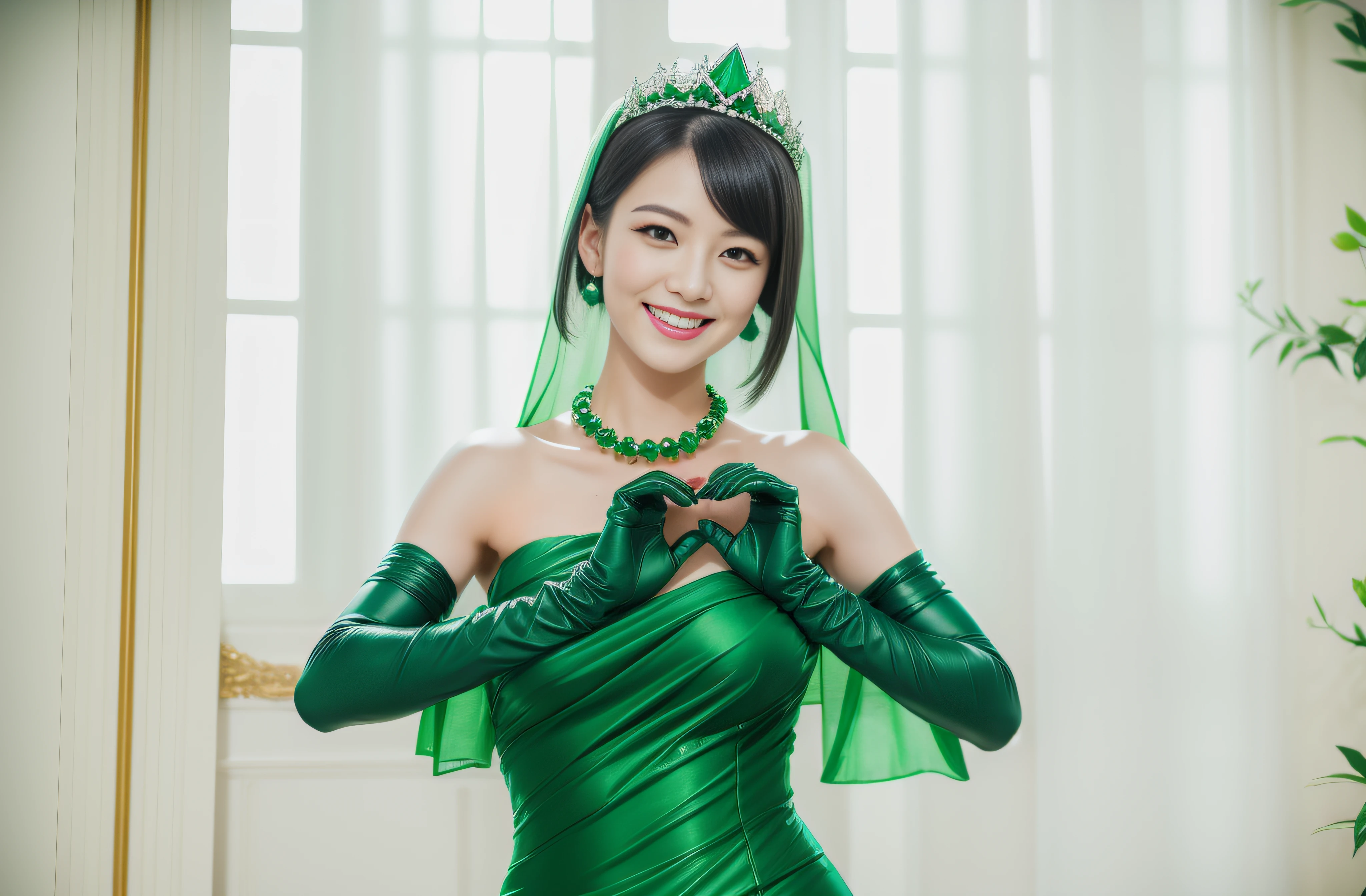 Boyish very short black hair, lipsticks, Japan woman smiling, Green Long Grove, Emerald Tia boyish very short black hair, lipsticks, Japan woman smiling, Satin green long gloves, emerald tiara, Green Pearl Necklace, verd s eyes, Green eyes, Long green gloves made of satin material, big breasts beautiful, Green Bridal Veil