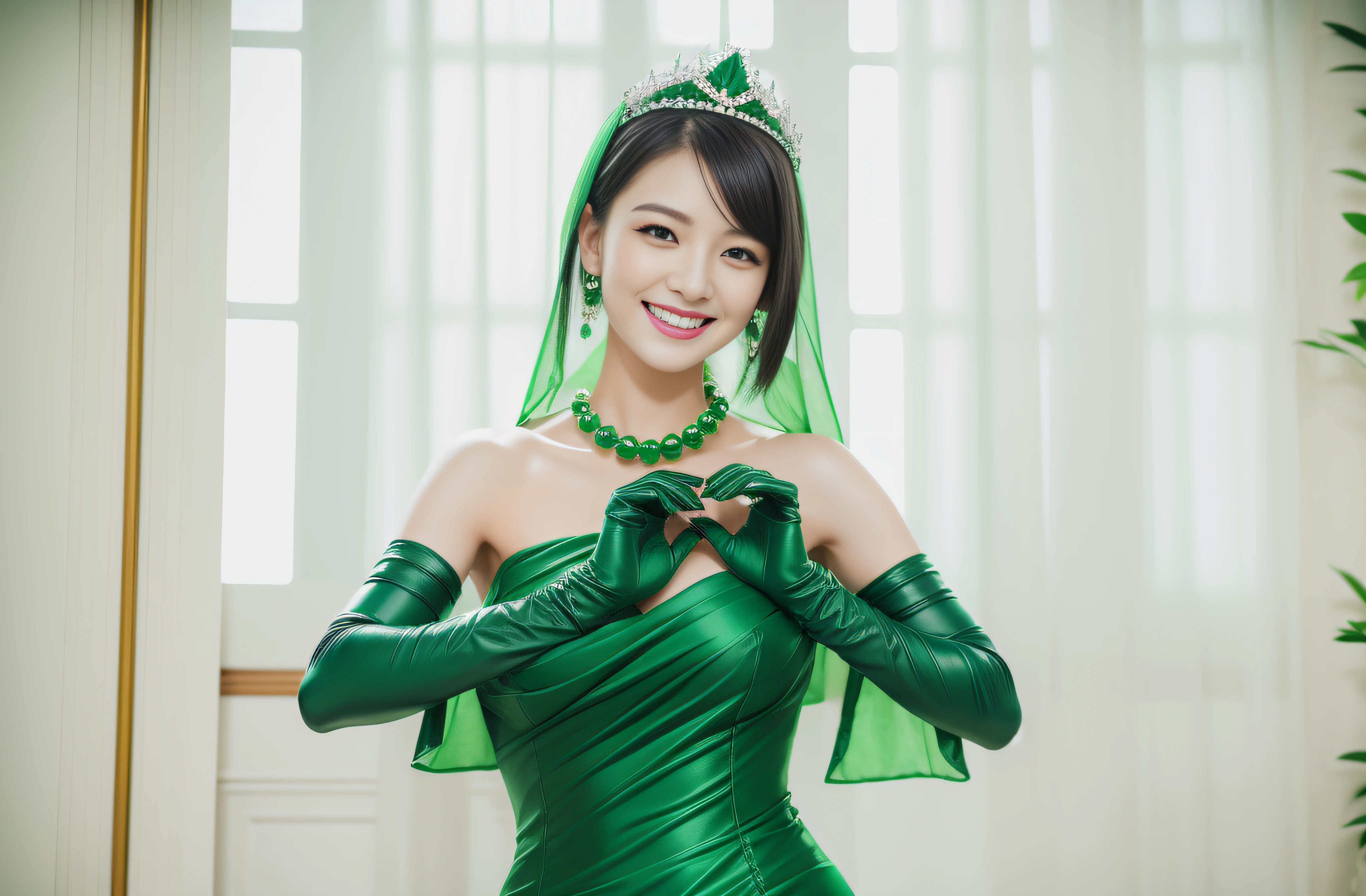 Boyish very short black hair, lipsticks, Japan woman smiling, Green Long Grove, Emerald Tia boyish very short black hair, lipsticks, Japan woman smiling, Satin green long gloves, emerald tiara, Green Pearl Necklace, verd s eyes, Green eyes, Long green gloves made of satin material, big breasts beautiful, Green Bridal Veil