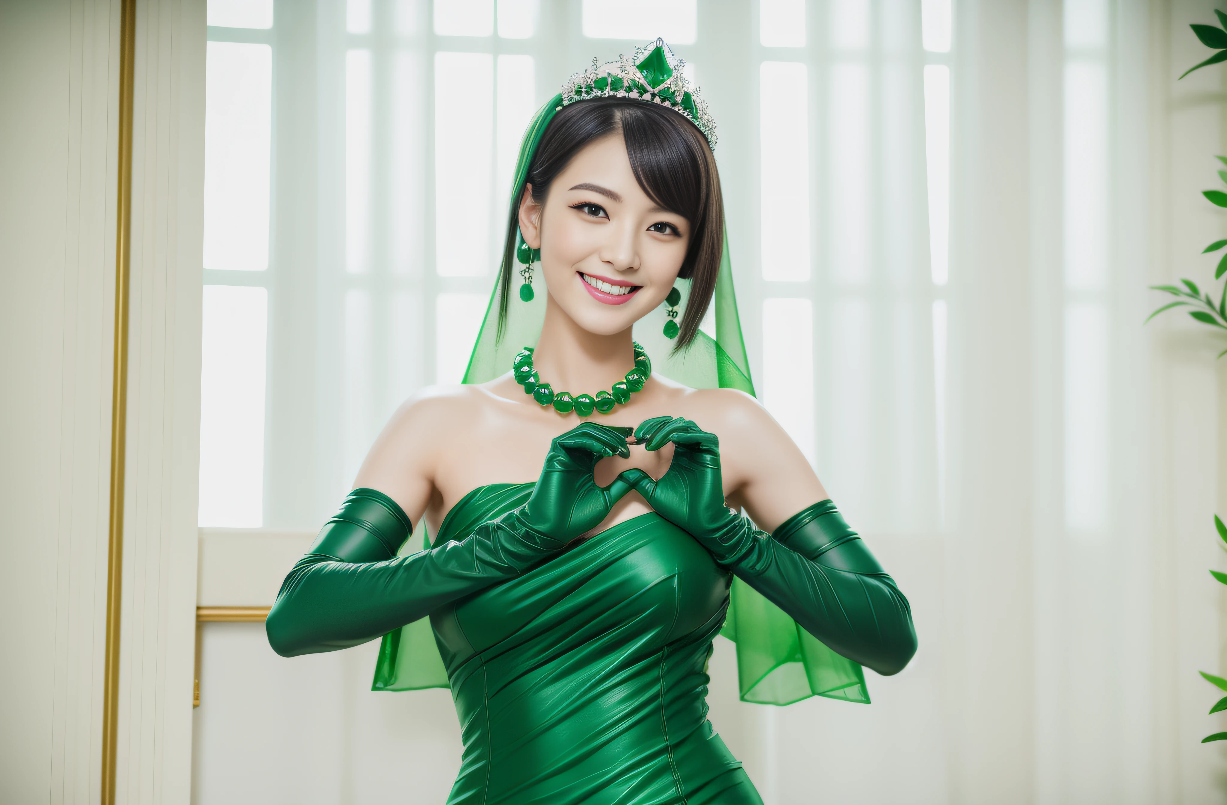 Boyish very short black hair, lipsticks, Japan woman smiling, Green Long Grove,　Emerald Tia boyish very short black hair, lipsticks, Japan woman smiling, Satin green long gloves,　emerald tiara, Green Pearl Necklace, verd s eyes, Green eyes, Long green gloves made of satin material, big breasts beautiful, Green Bridal Veil