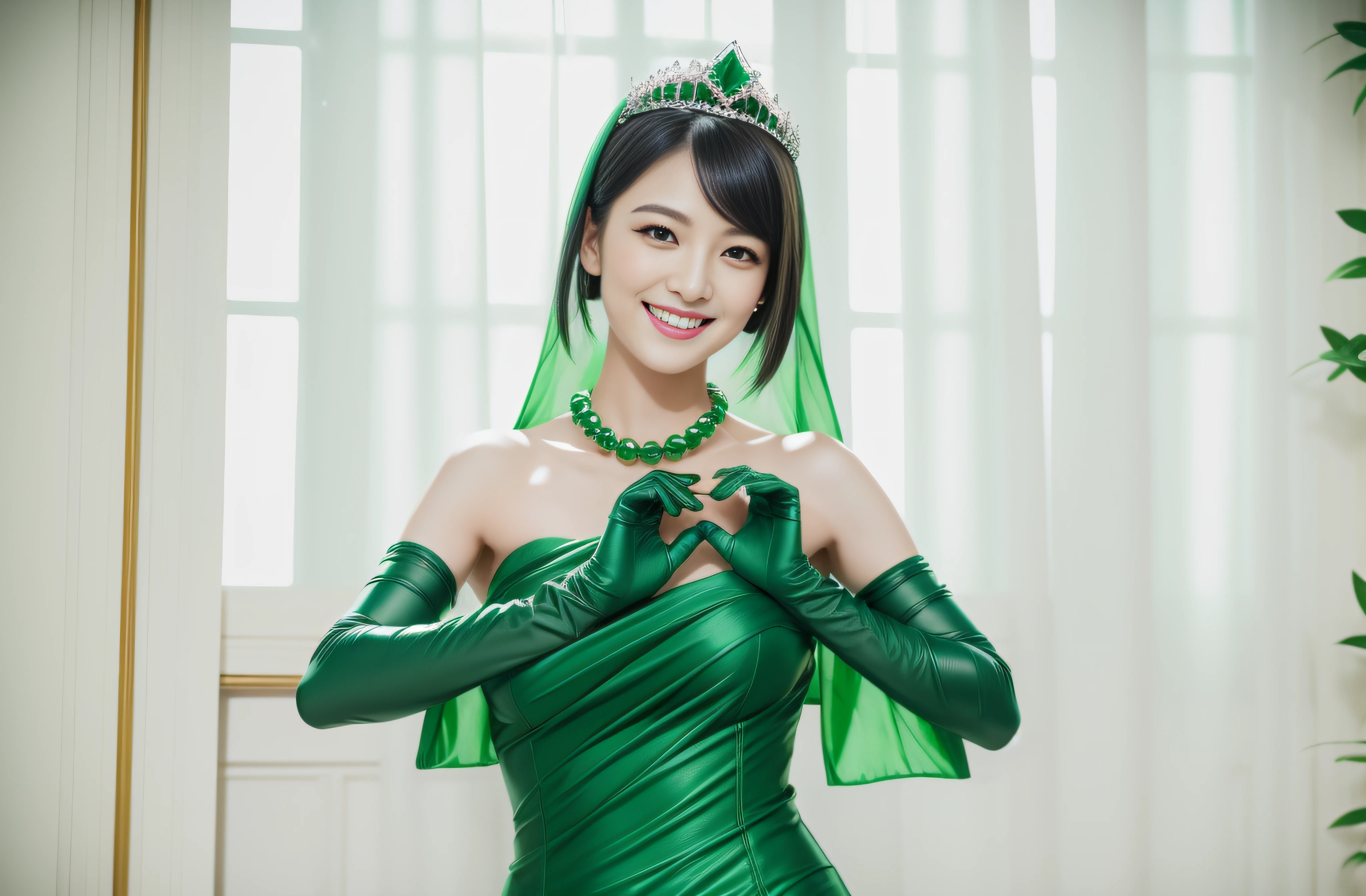 Boyish very short black hair, lipsticks, Japan woman smiling, Green Long Grove, Emerald Tia boyish very short black hair, lipsticks, Japan woman smiling, Satin green long gloves, emerald tiara, Green Pearl Necklace, verd s eyes, Green eyes, Long green gloves made of satin material, big breasts beautiful, Green Bridal Veil
