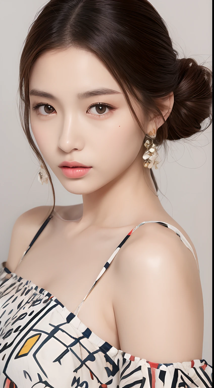 one Japanese model ,Unique hair details, off shoulder blouse in the style of Picasso pattern, transparent/translucent medium, full body shot, Hi fashion photo, , Autumn, detailed eyes, double eyelid, plump lips, bun hair, professional makeup, hyper res
