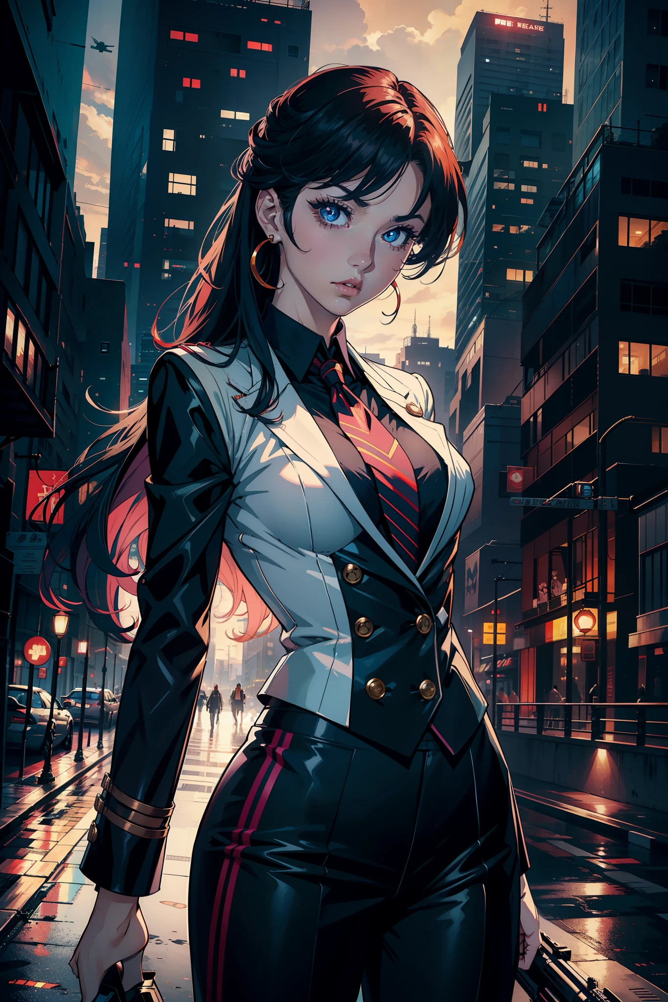 of Sailor Moon and her team, wearing pinstripe suit and trousers, gungstar style and power."perfect faces asymmetric, perfect eyes, femme fatal pose, with wavy long, hair ginger, perfect lips, perfect nose, eyes brow, environmental city; modern clothes, and sleek design , guns in pan, bold colors, and a-line silhouette, camera, , portrait, anime stile 90, realistic draw, (masterpiece, best quality, high quality, highres, ultra-detailed), realistic texture, scene Brookline
