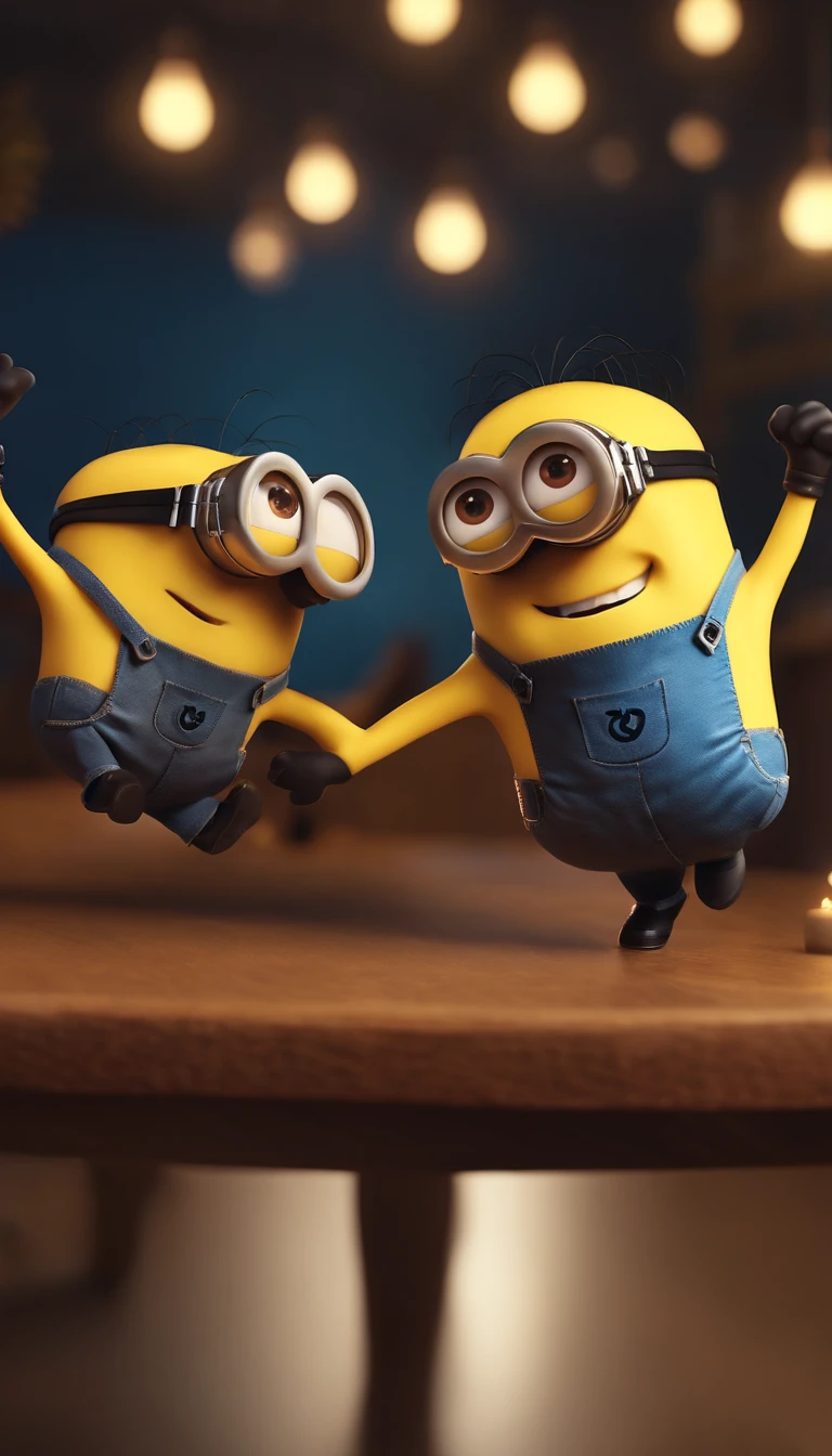 2 minions smiling ,dancing on the table,minimalist colors,happy,playful,whimsical,soft lighting,high-res,4k,8k,best quality