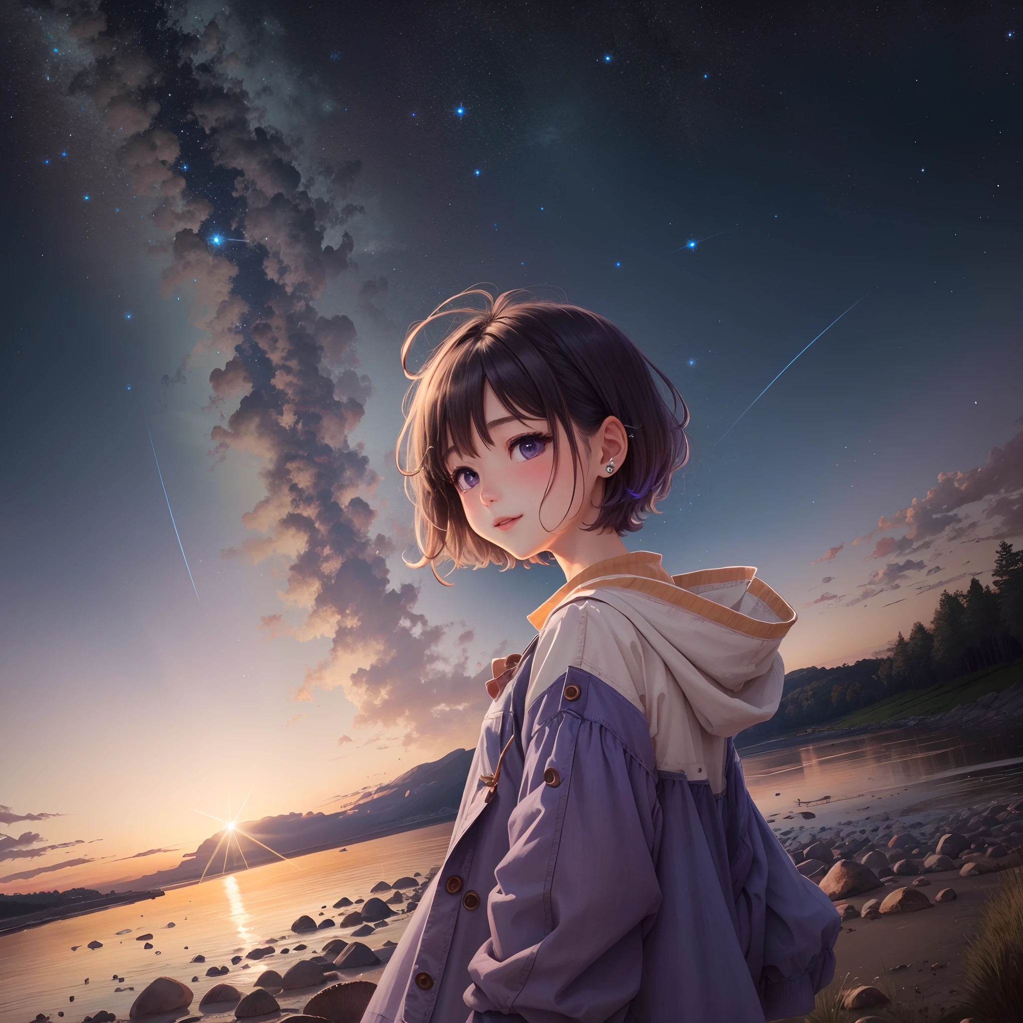Starry Sky Short Hair Girl Purple Shell Happy
