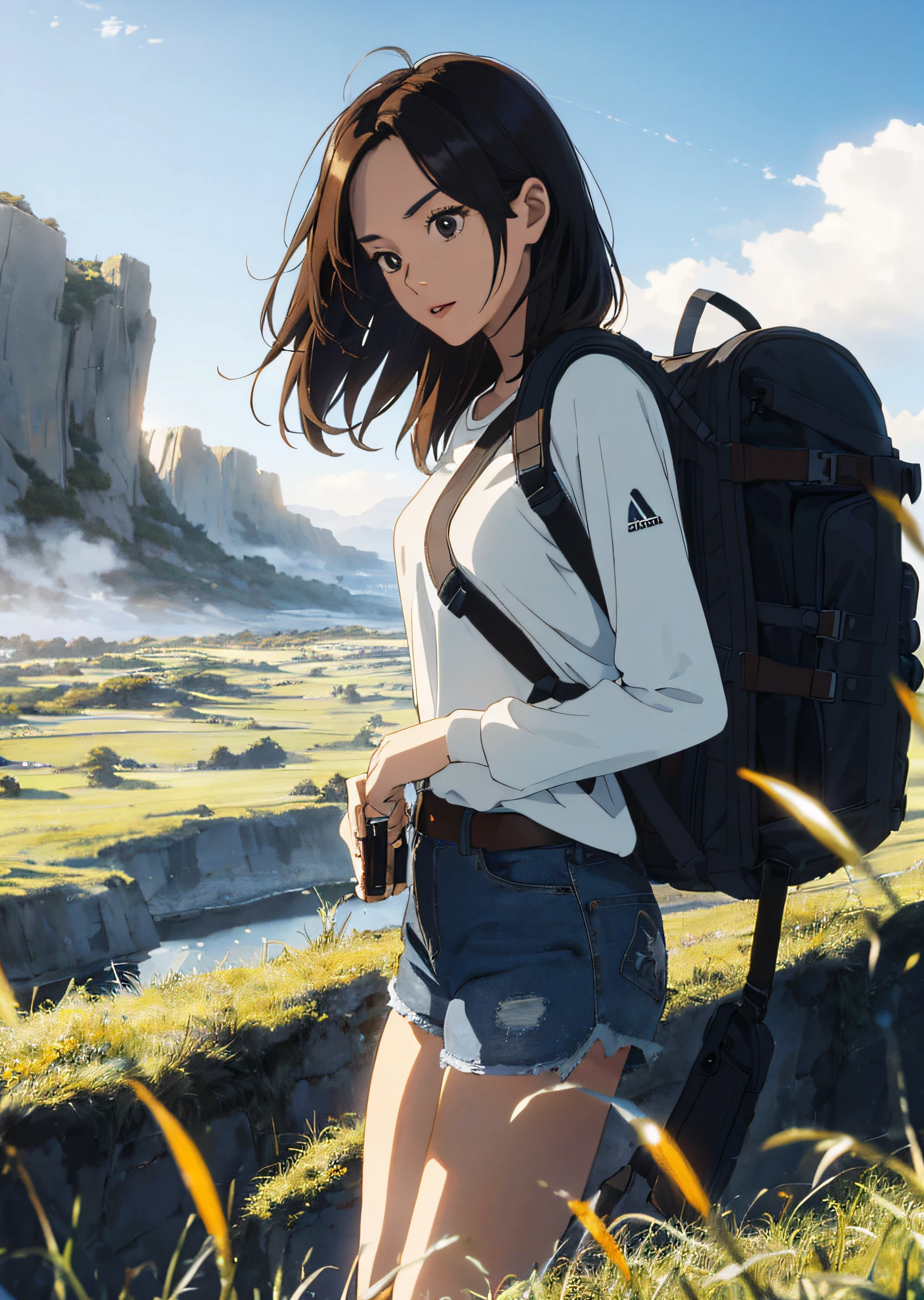(beautiful and magnificent skyline, majestic sky), (extremely tense and dramatic pictures, moving visual effects), (high hanging Polaris, colorful natural light), (1girl), (long-sleeved top, denim shorts, carrying a backpack), (dynamic pose:1.3, black eyes, black hime-cut hair, sparkling girl)[:0.8], (large grassland), (oncoming breeze), (brown hair and background Coordination effect: 1.2), (close shot, long shot mix and match)[::0.9]