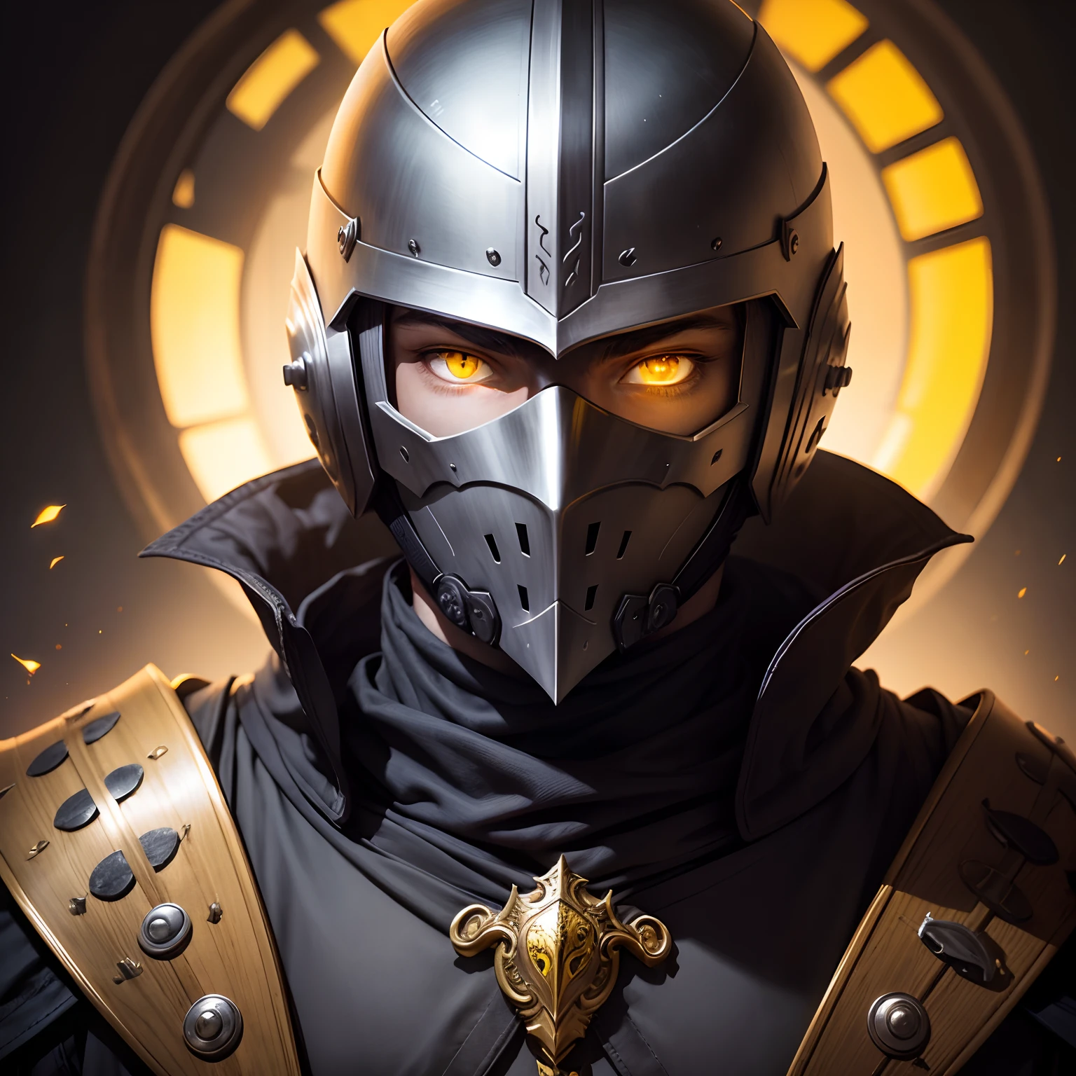 Knight portrait male with helmet glowing yellow eyes no face showing