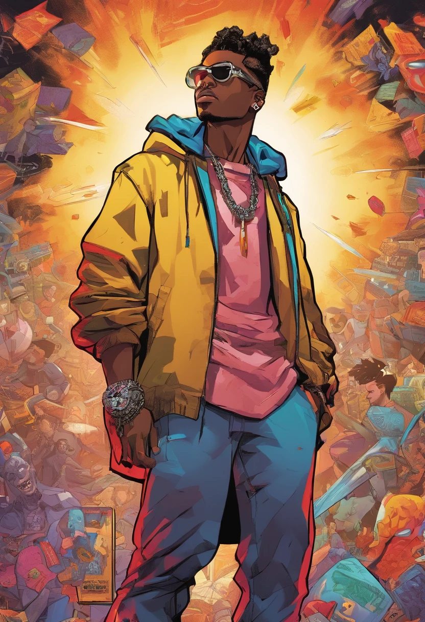 villan comic, comic book art fullbody ,photo of evil fearfear menacing young short handsome clean class sophisticated black flamboyanl African rap star hip hop star in with h xxxtentacion juice wrld full hairstyle gangsta gang baggy sagging trap sumpreme stylish streetwear swagger oversized coat electric charged current lightning bolt strands