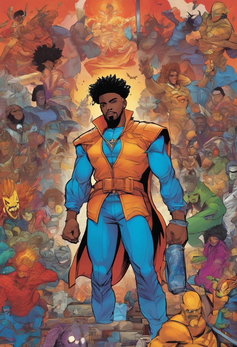 villan comic, comic book art fullbody ,photo of evil fearfear menacing young short handsome clean class sophisticated black flamboyanl African rap star hip hop star in with h xxxtentacion juice wrld full hairstyle gangsta gang baggy sagging trap sumpreme stylish streetwear swagger oversized coat electric charged current lightning bolt strands